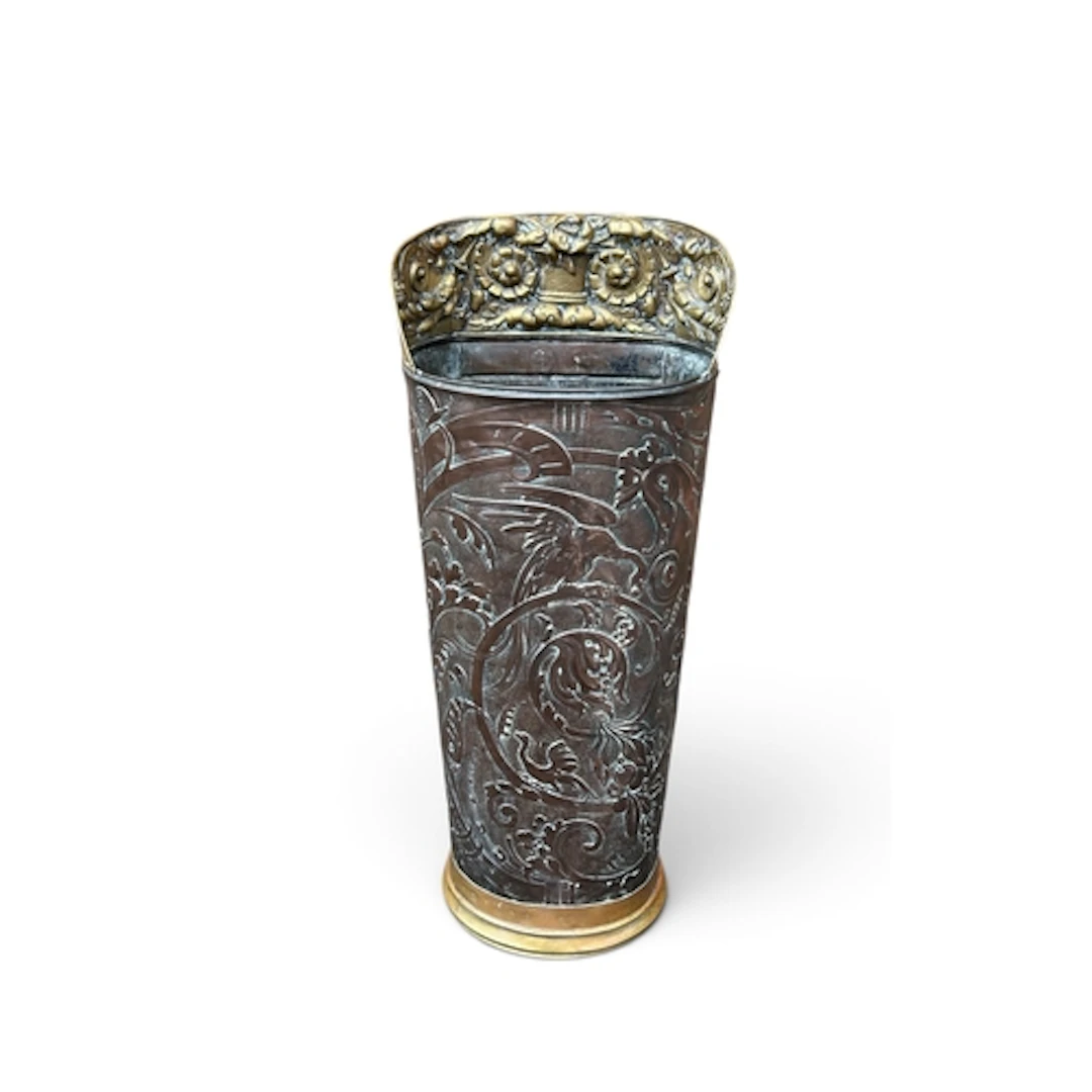 A PORTUGUESE COPPER AND BRASS GRAPE HOPPER 87cm H...