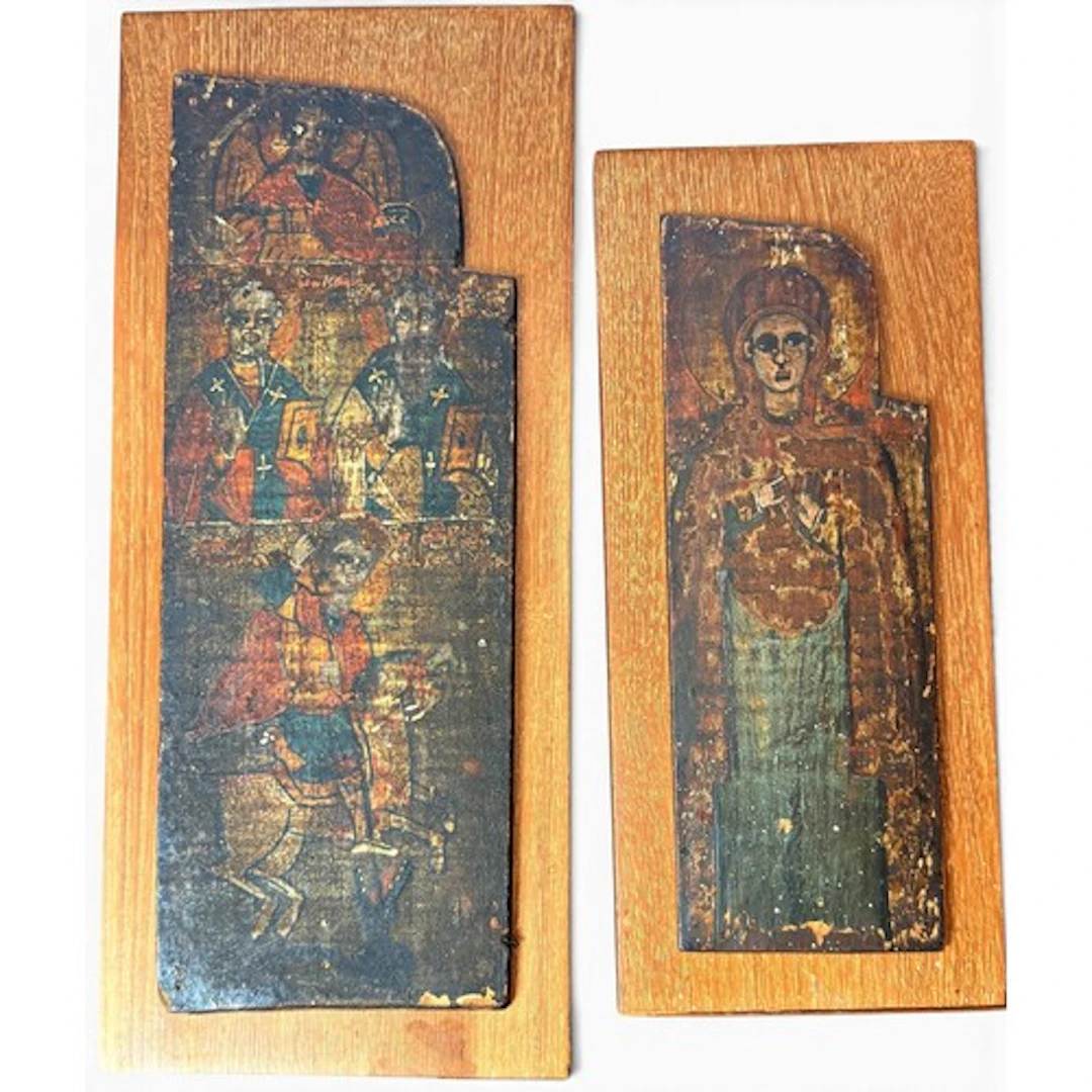 Two unusual painted Orthodox panels of saints, figures, one ...