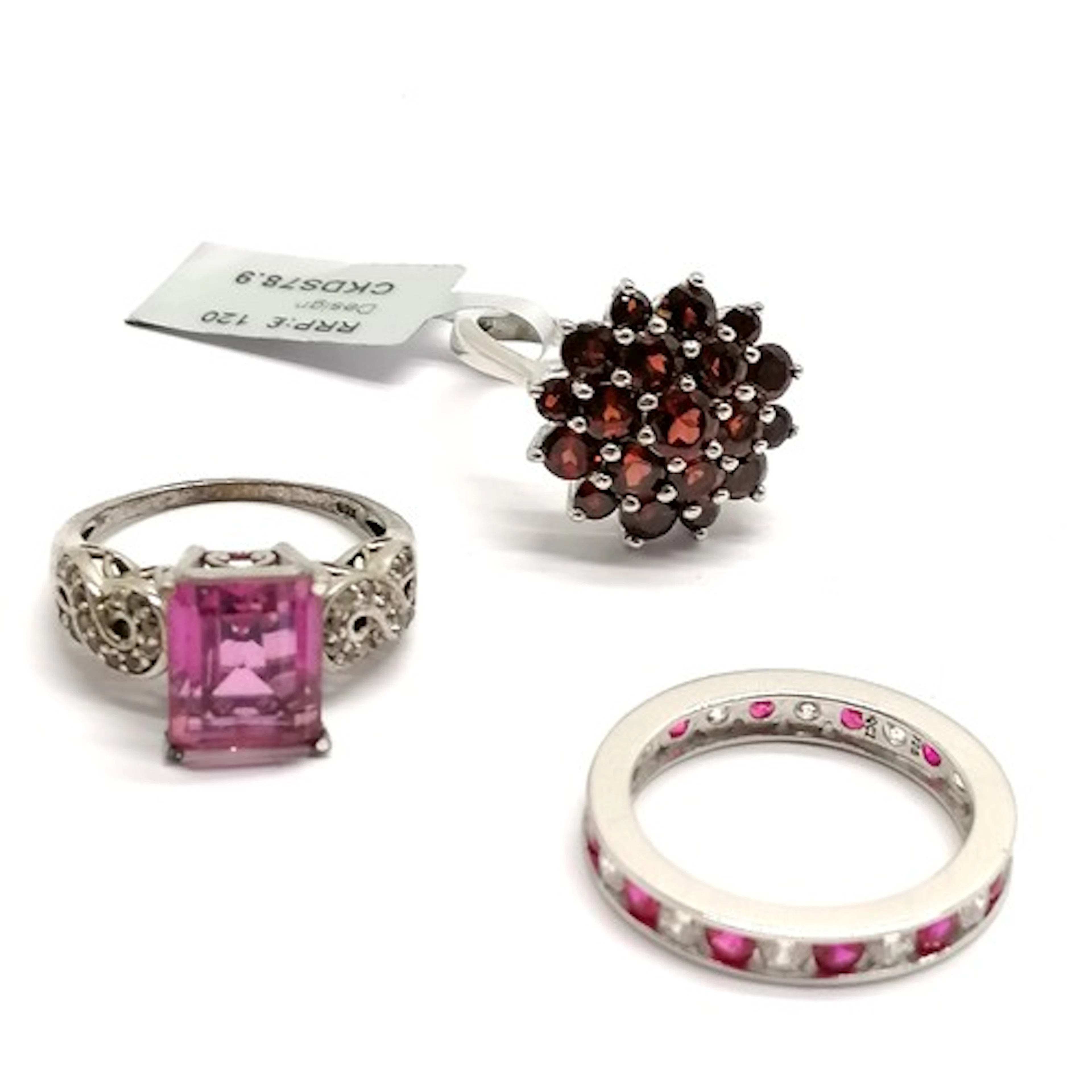 3 x silver marked stone set rings inc eternity (size T), gar...
