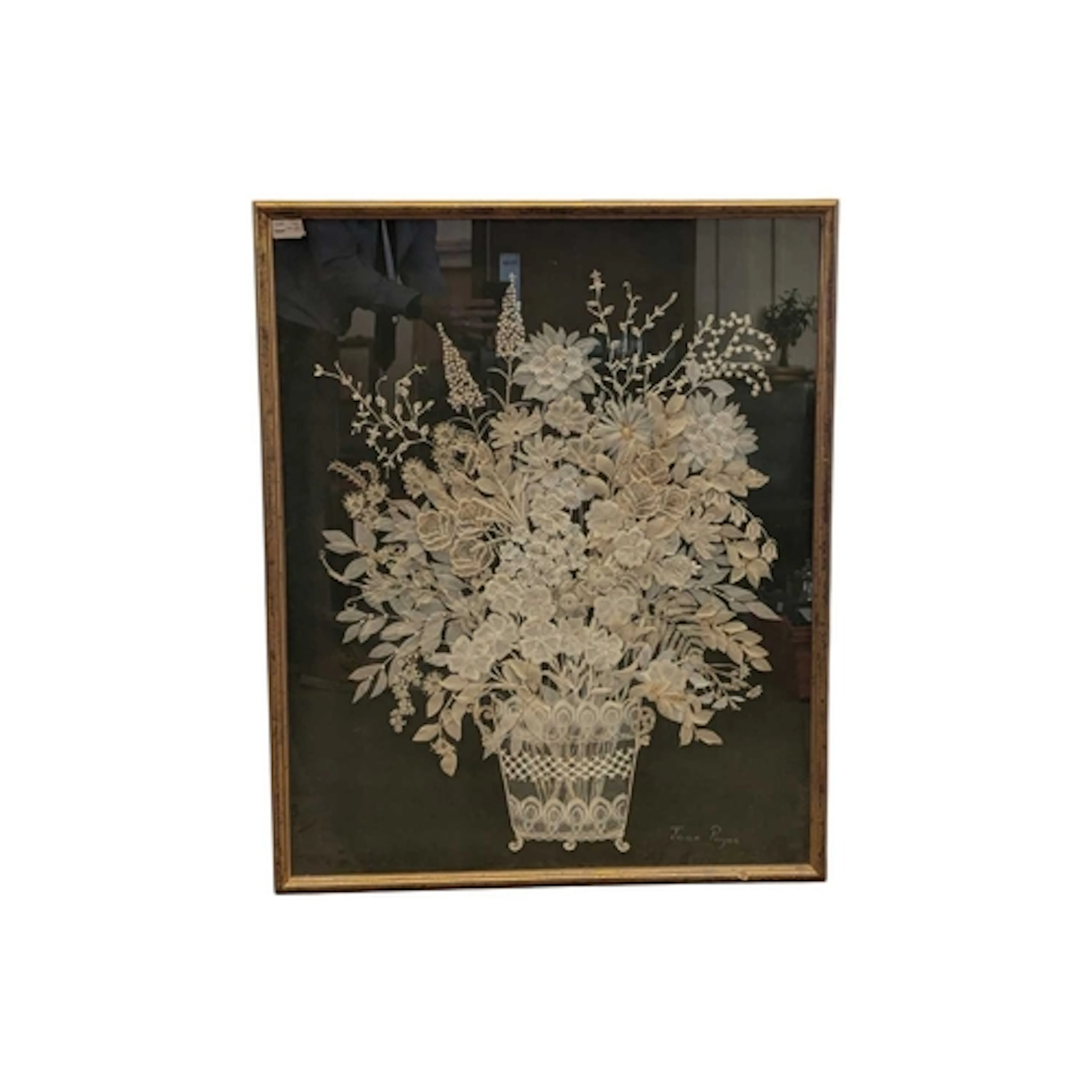 A vintage 20th century frame hand embroidered flowers in vas...