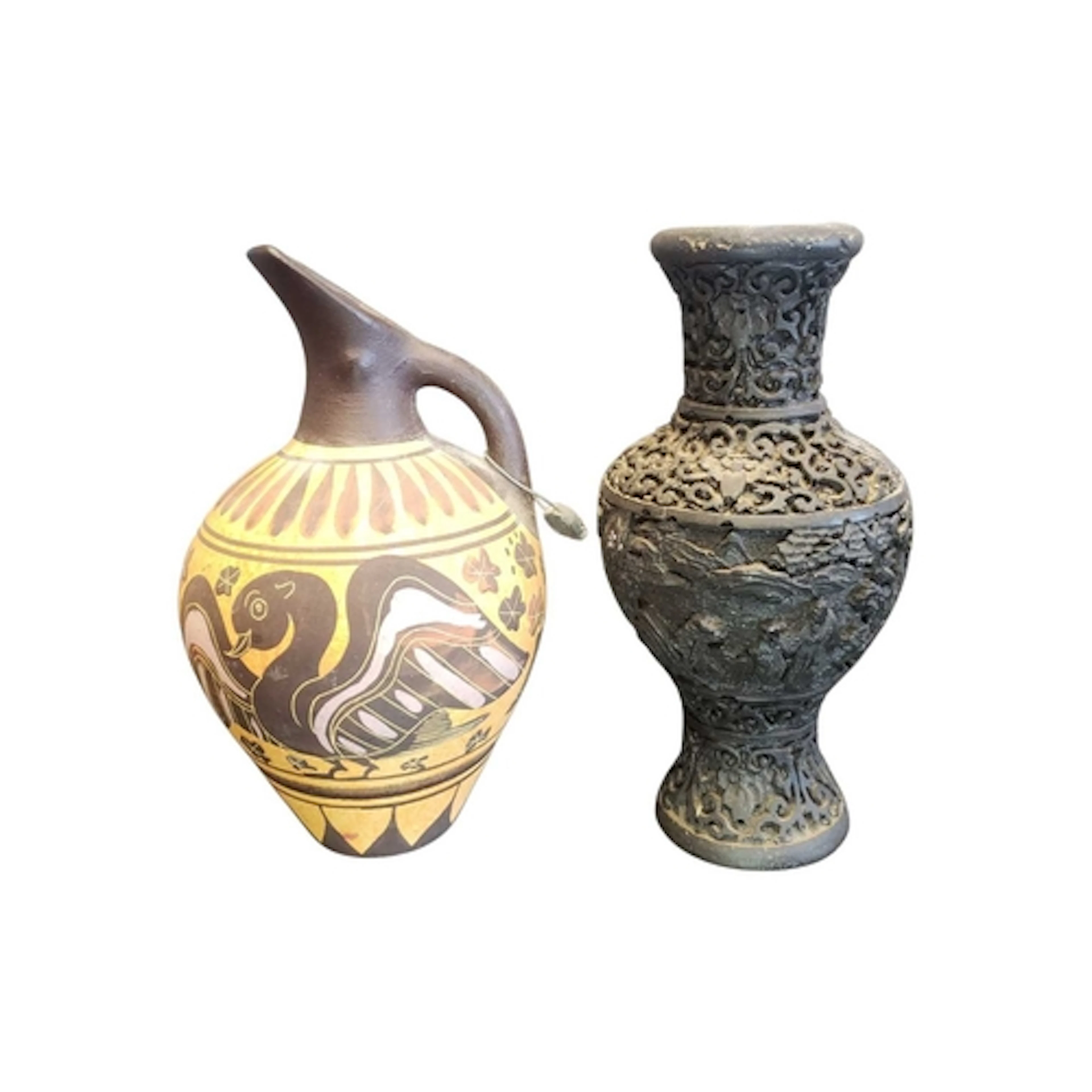 20th century black carved cinnabar style vase and a pottery ...