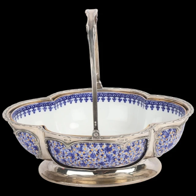 An Edwardian silver Spode ceramic fruit basket, William Henr...