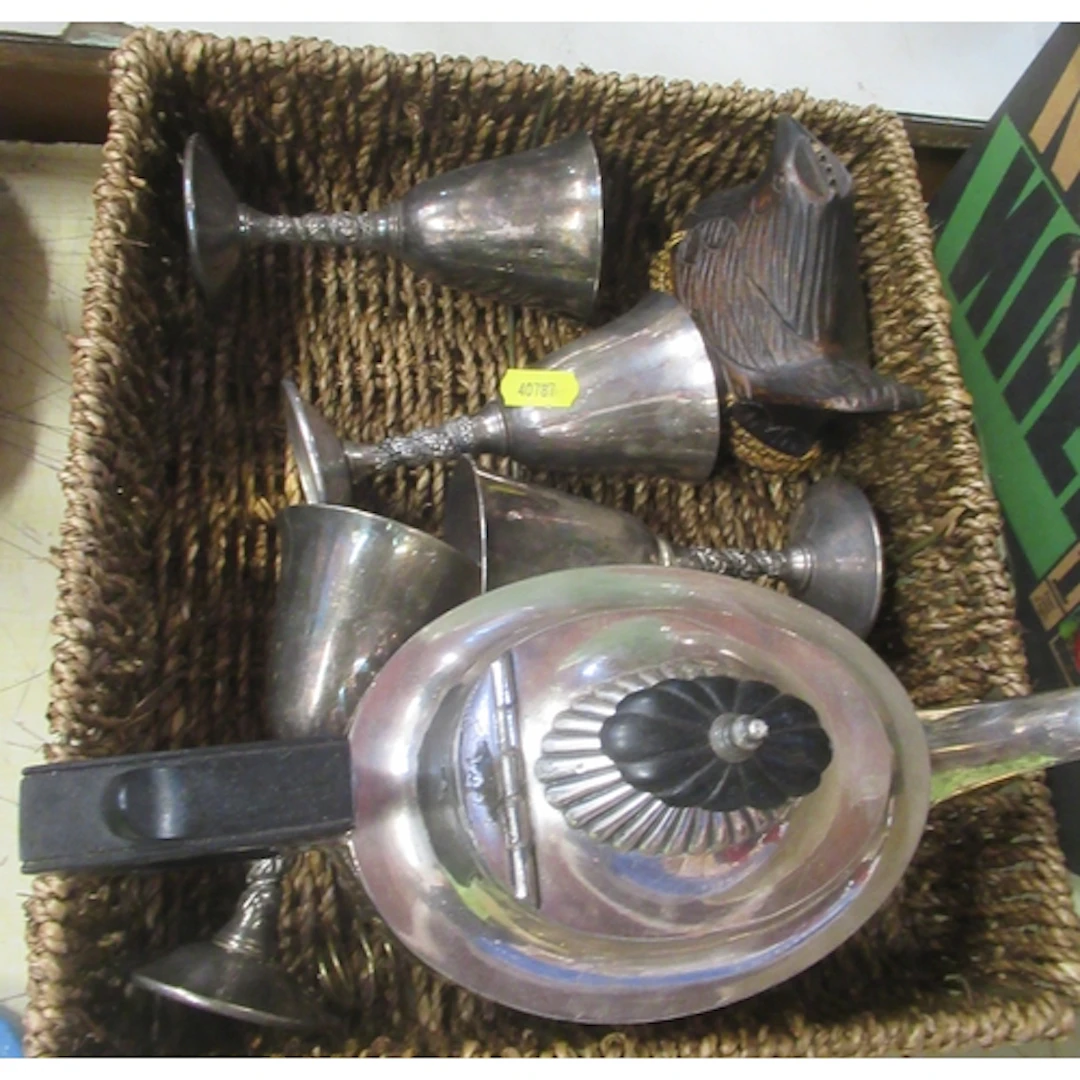 Four silver plated goblets, together with a silver plated te...