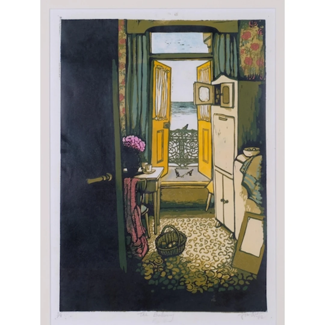 The Balcony, colour screenprint/linocut print, indistinctly ...