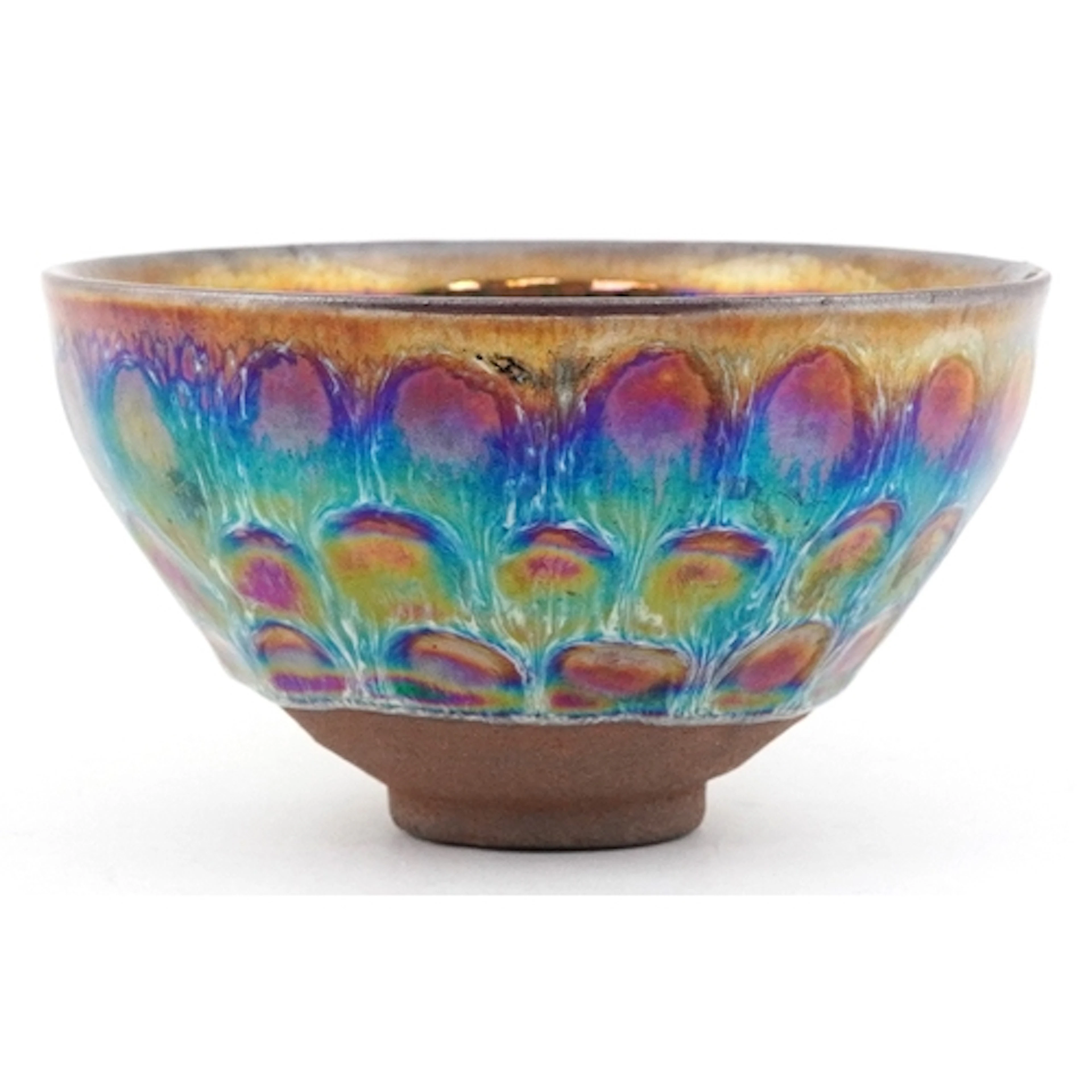 Chinese Jian kiln type tea bowl with iridescent glaze, chara...