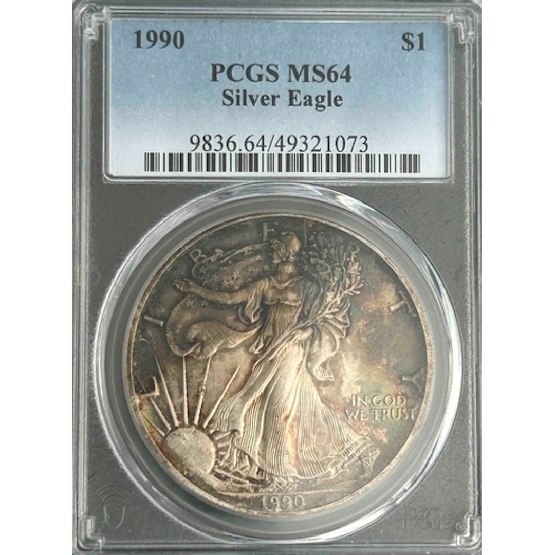 1990 USA $1 silver Eagle coin, slabbed and graded by P.C.G.S...