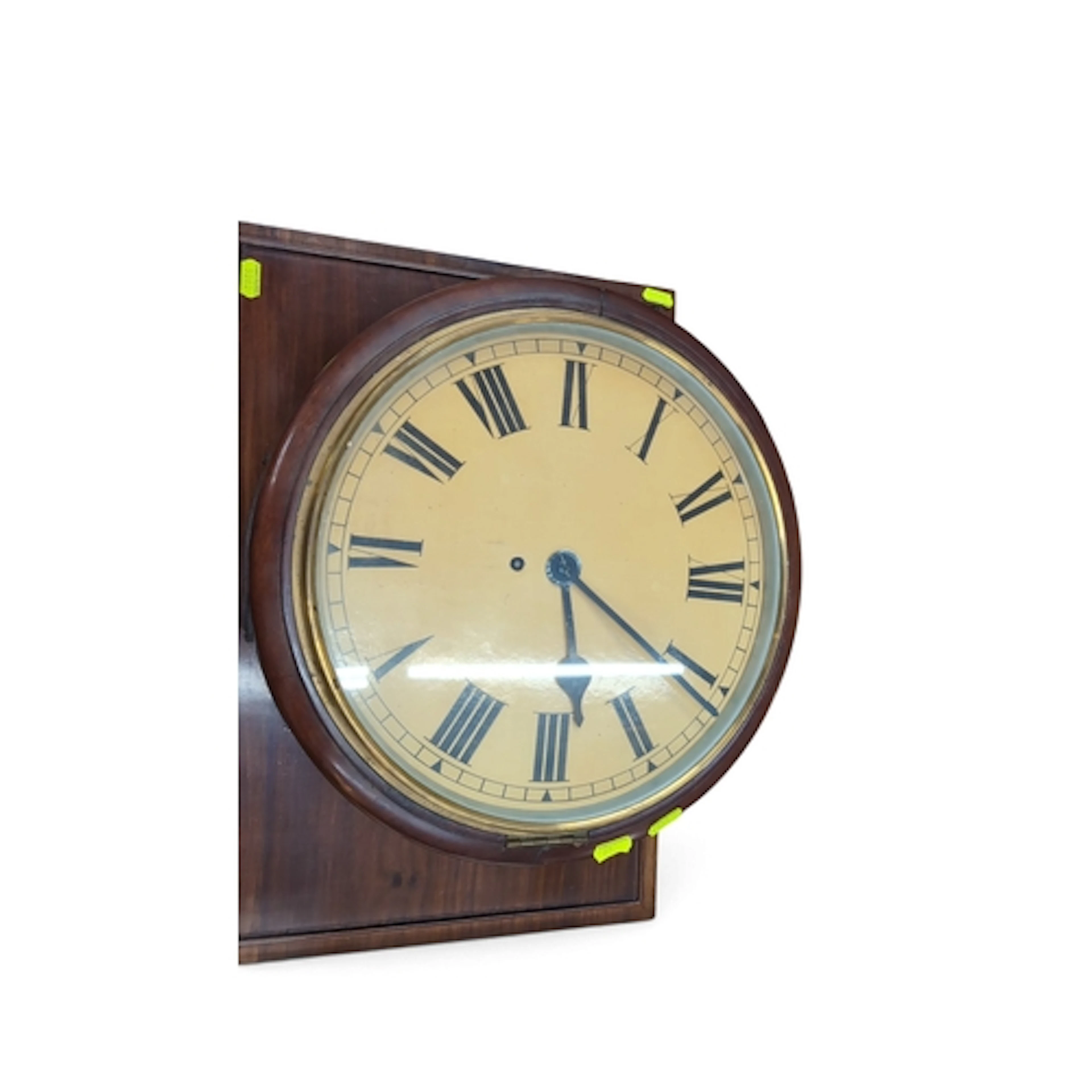 Circular wooden wall clock with a glazed brass bezel, cream ...