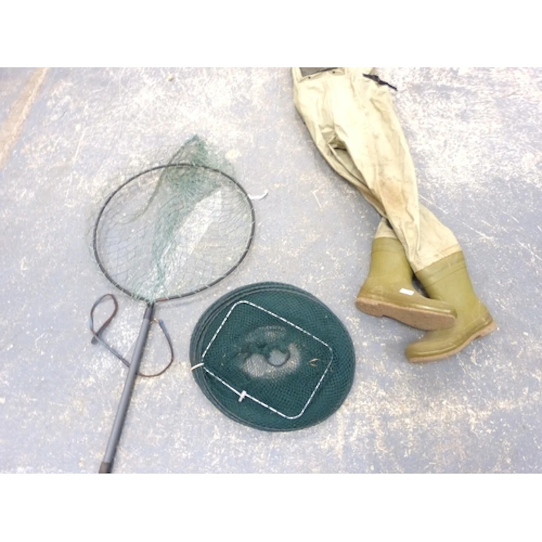 Modern keep net, landing net and a pair of Scierra waders.
