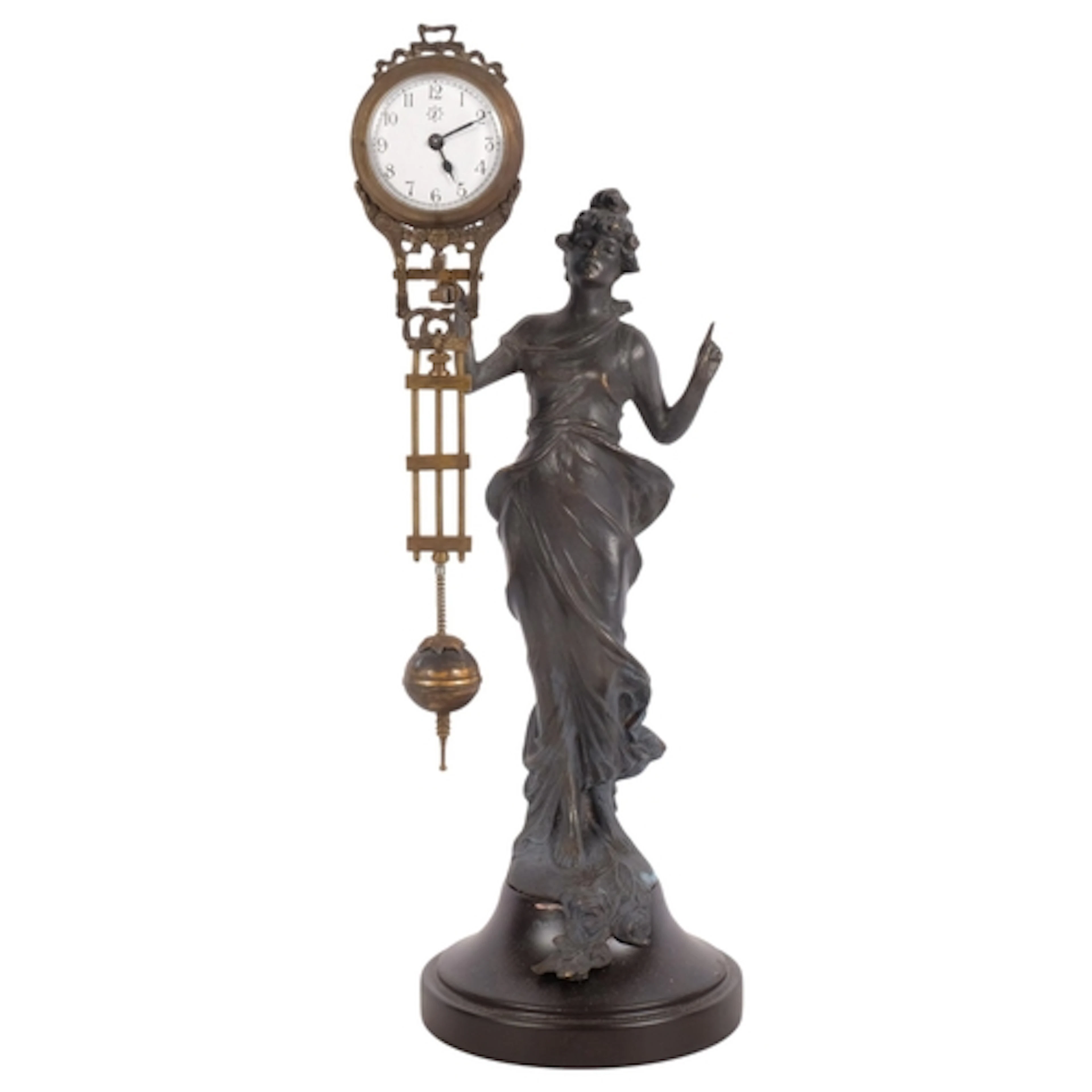 A reproduction bronze Art Nouveau style lady mystery clock, ...