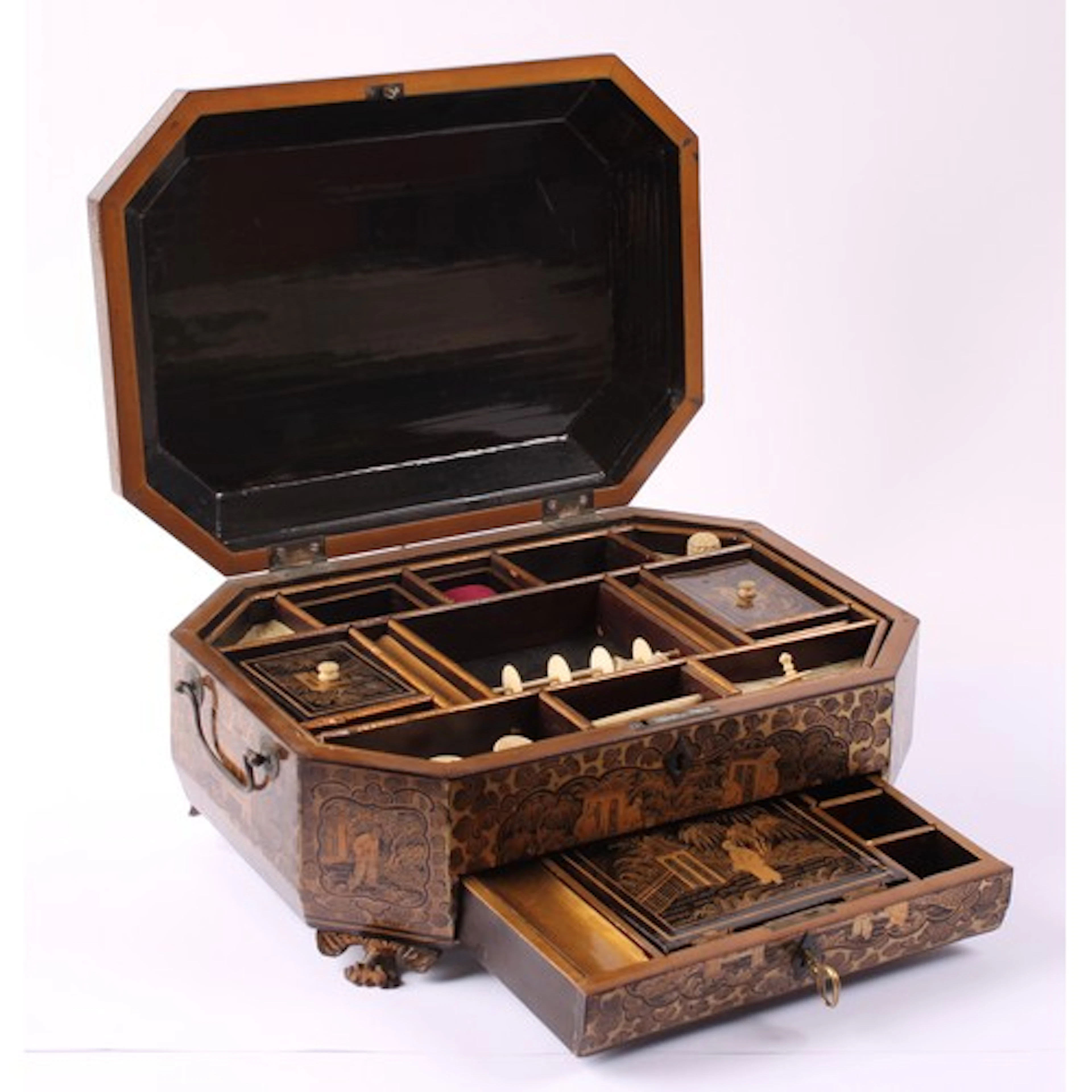 An early 19th century canted rectangular chinoiserie lacquer...