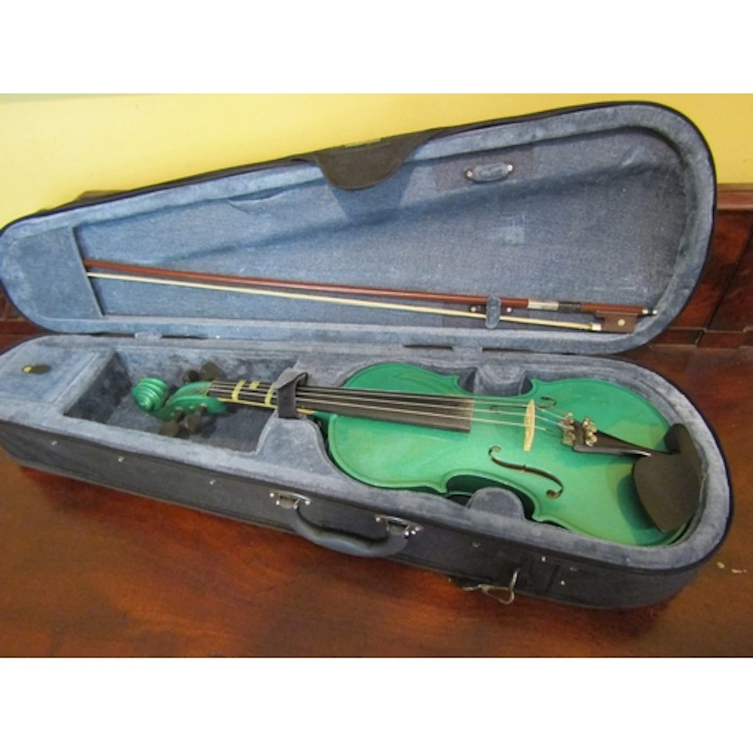 Child's Violin Green Coloured with Bow and Lined Carry Case