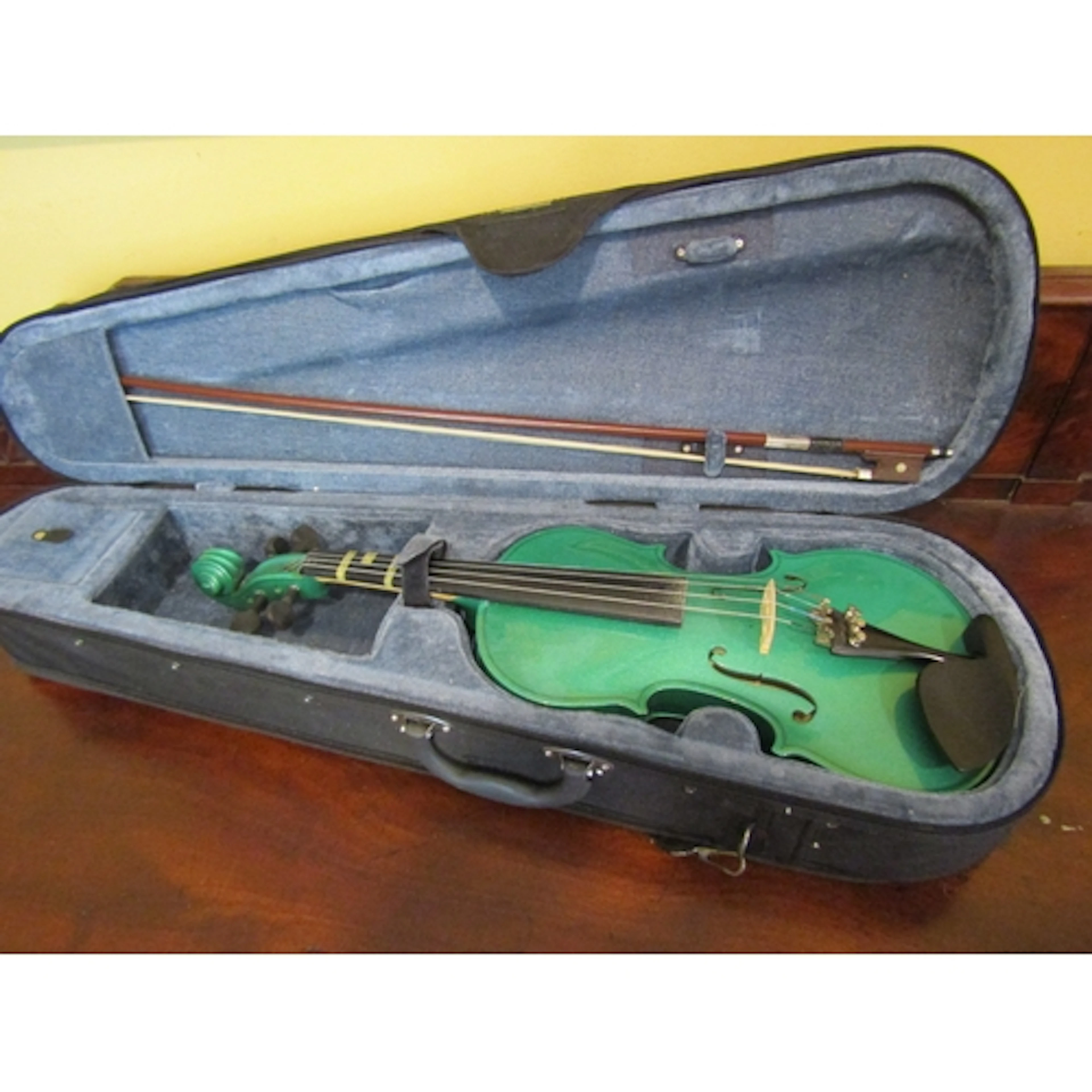 Child's Violin Green Coloured with Bow and Lined Carry Case