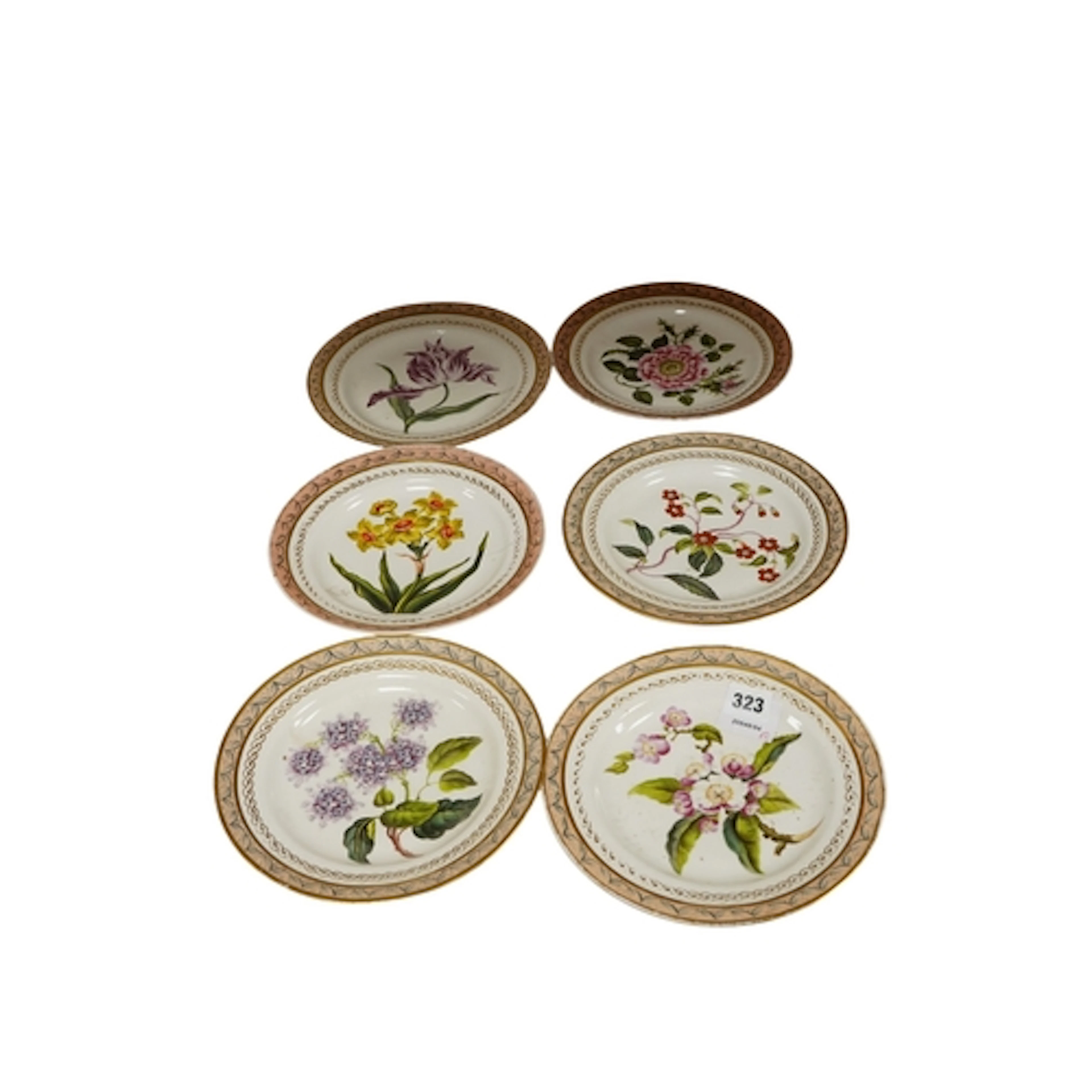 A set of six English porcelain botanical dessert plates, c.1...