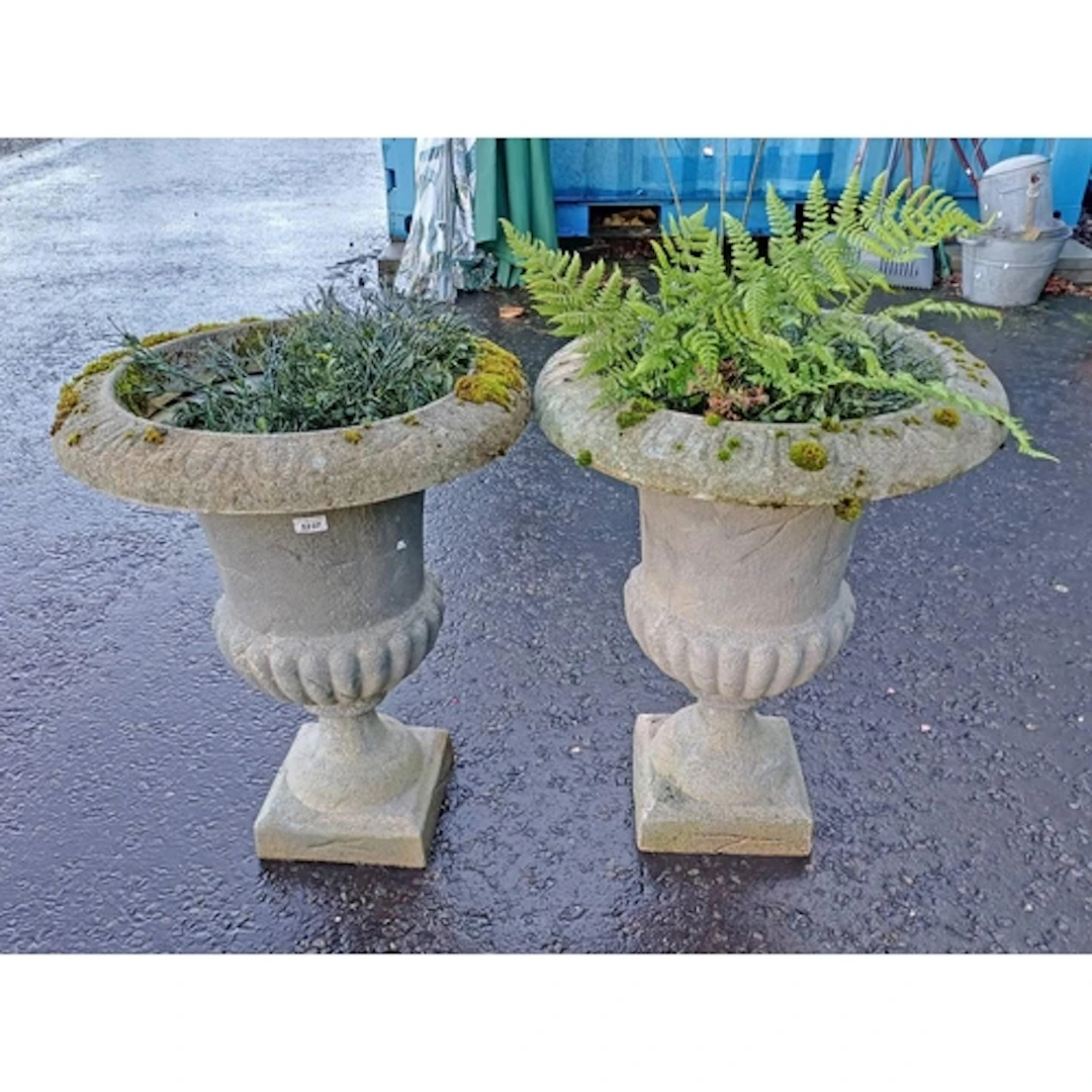 PAIR OF STONE EFFECT GARDEN URNS