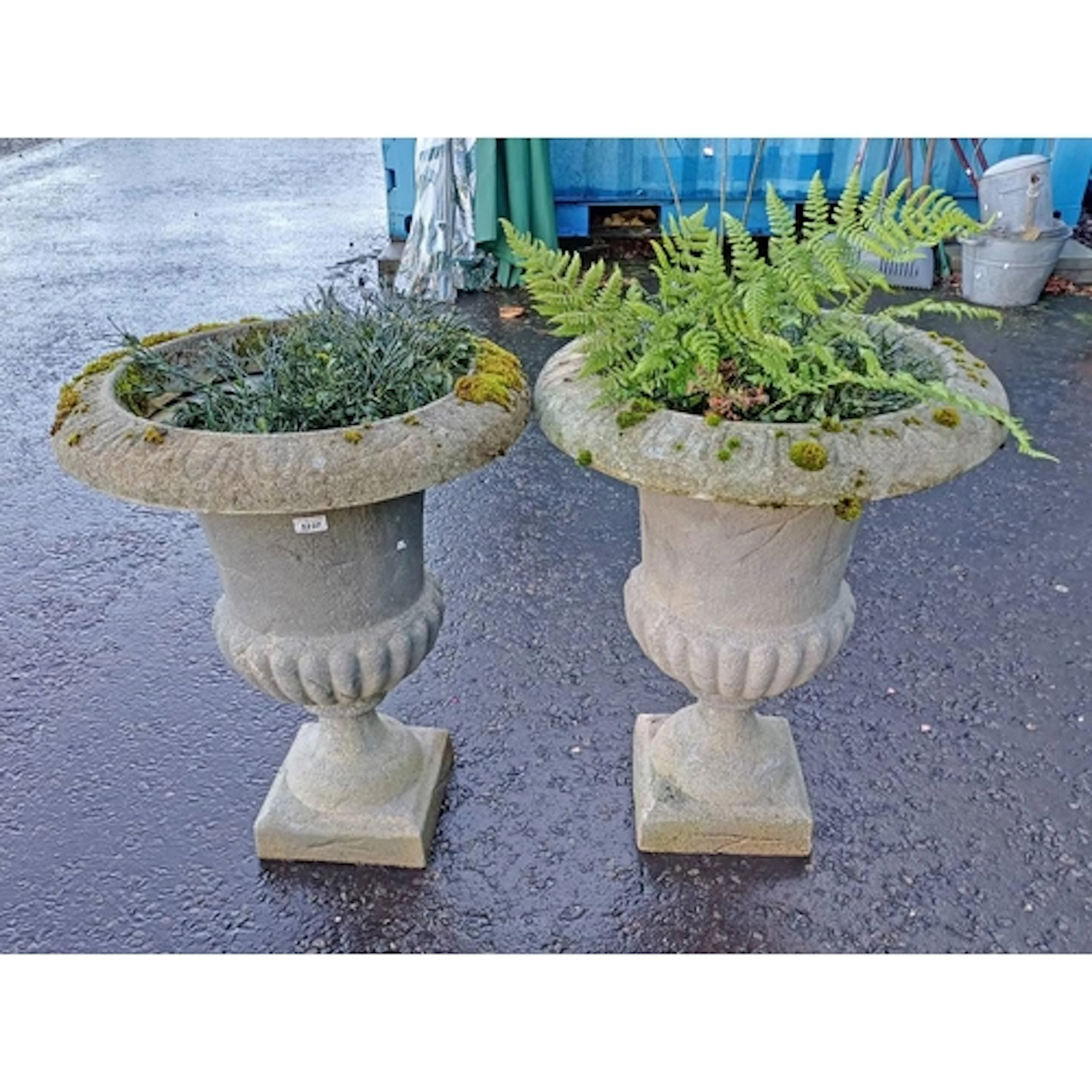 PAIR OF STONE EFFECT GARDEN URNS