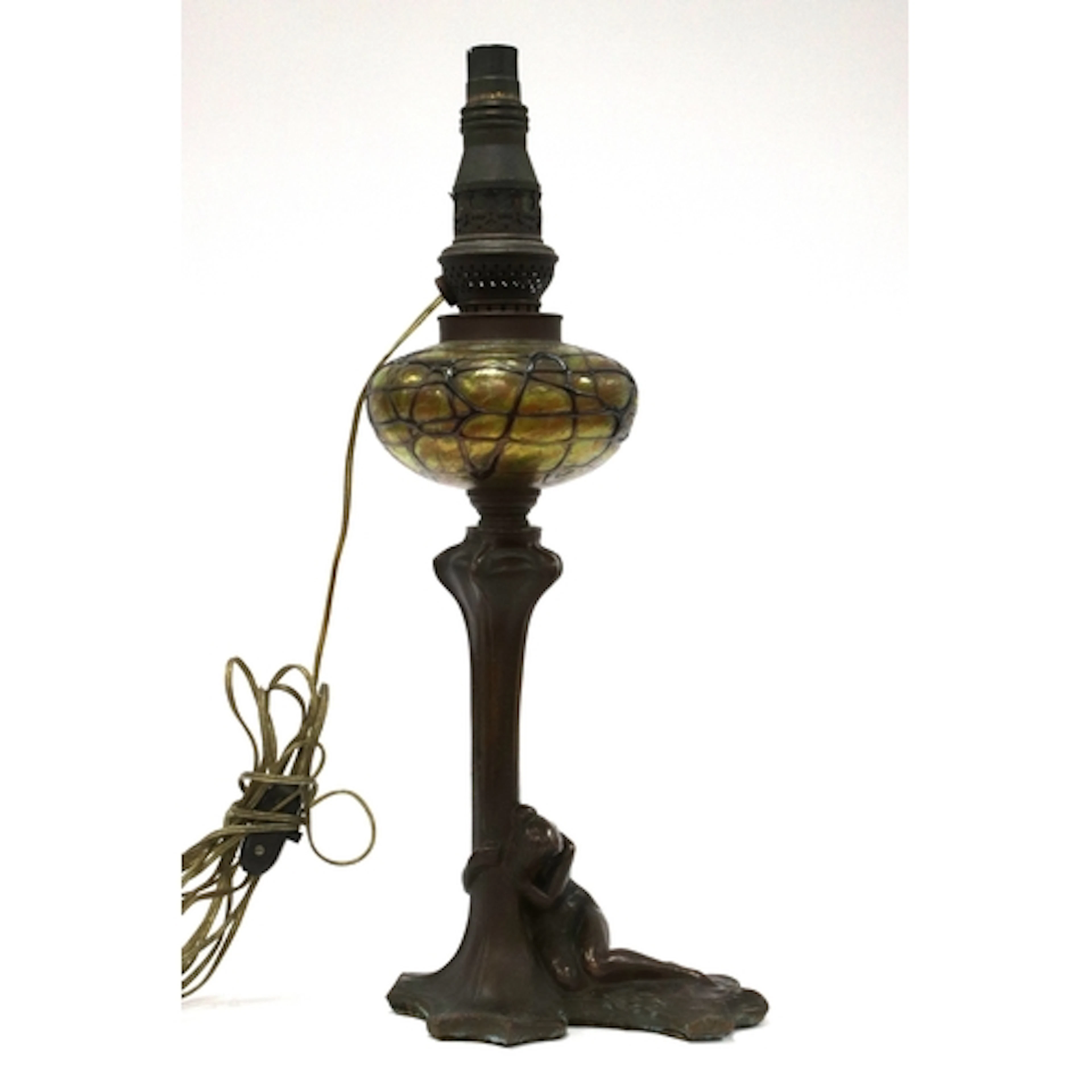 An Art Nouveau Bronze Oil Lamp, cast as a scantily clad lady...
