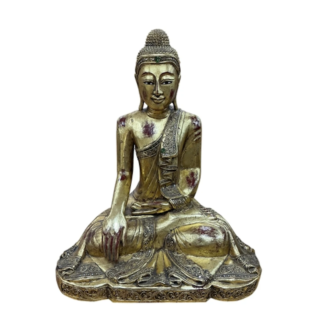 A large giltwood figure of a seated Buddha, with ornate robe...