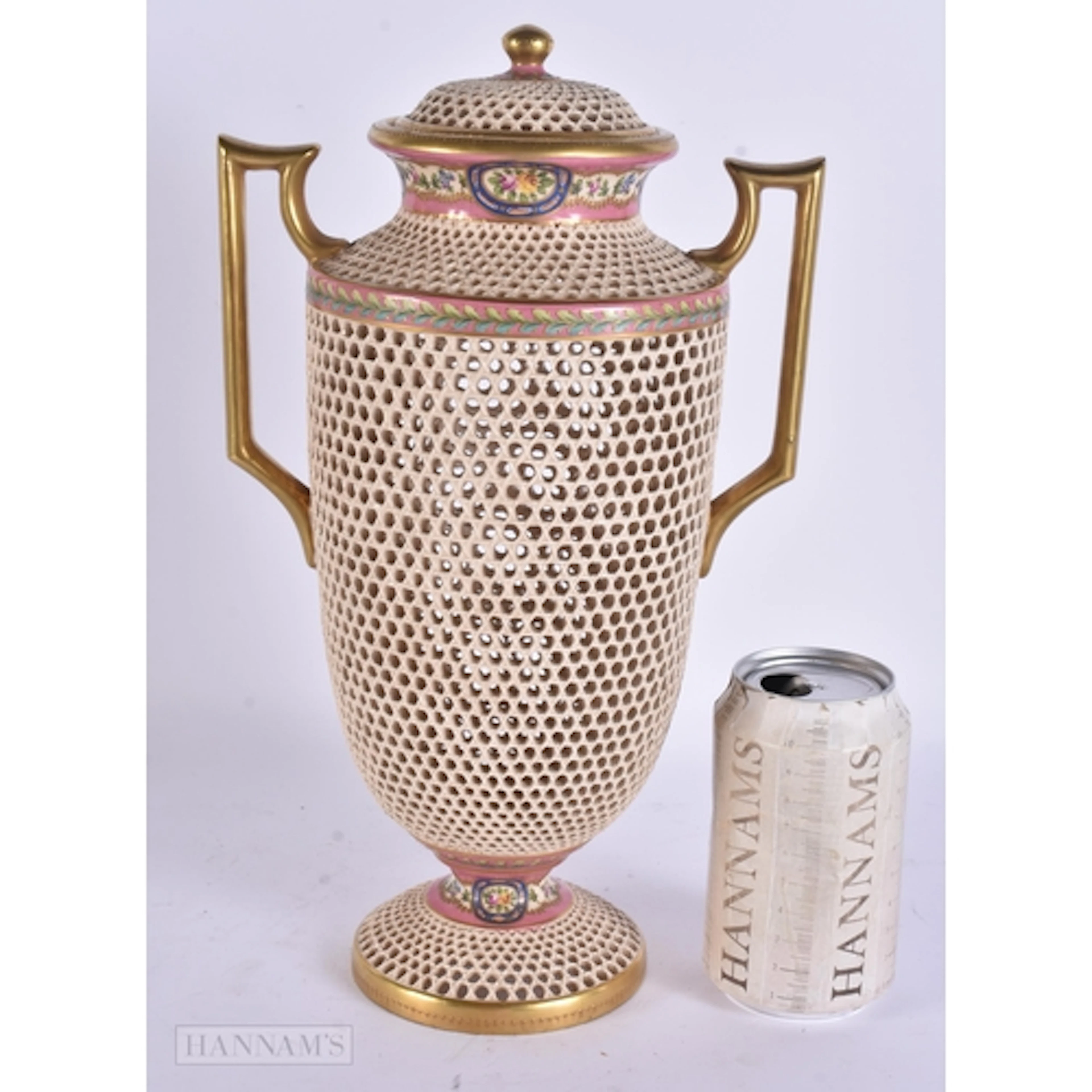 AN ANTIQUE HUNGARIAN RETICULATED PORCELAIN VASE AND COVER pa...
