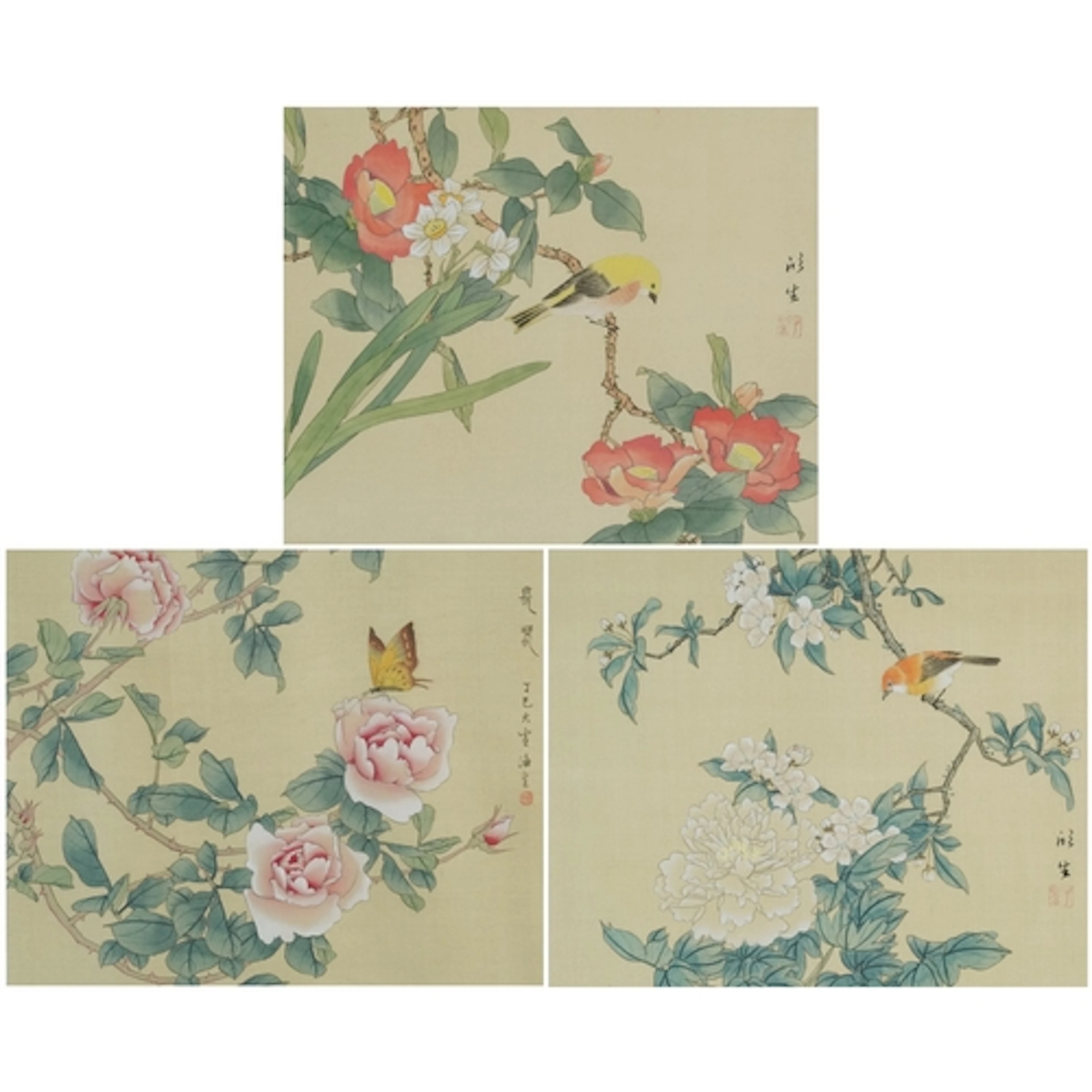 Three Chinese hand painted silk pictures of birds and foliag...