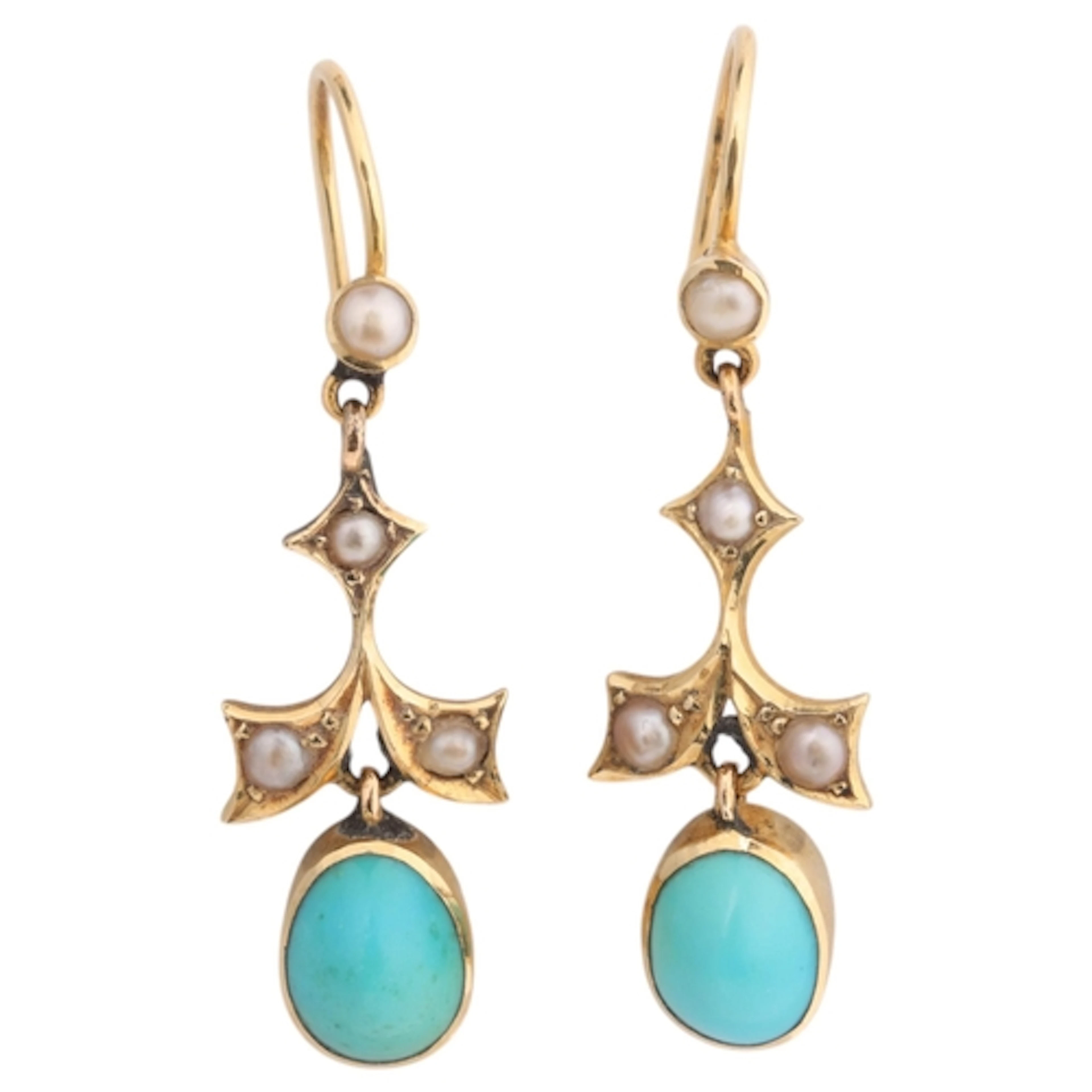 A pair of Antique 9ct gold turquoise and split pearl drop ea...