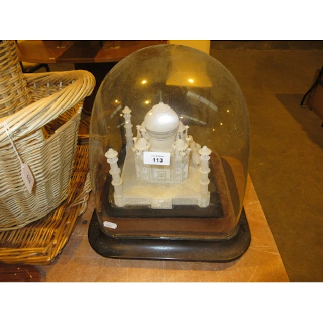 Carved Alabaster of The Taj Mahal on Stand with Glass Dome