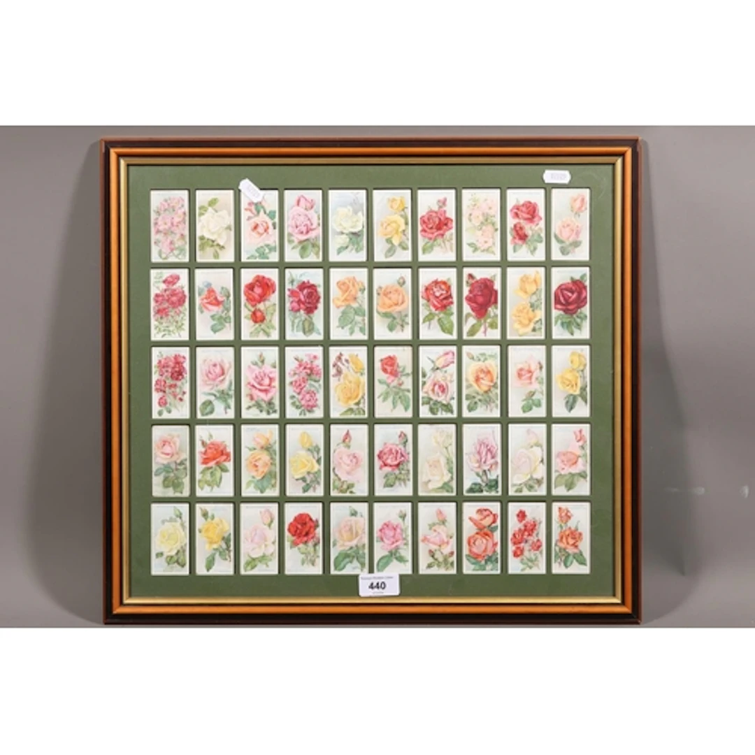 Framed set of W D & H O Wills Roses cigarette cards, fra...