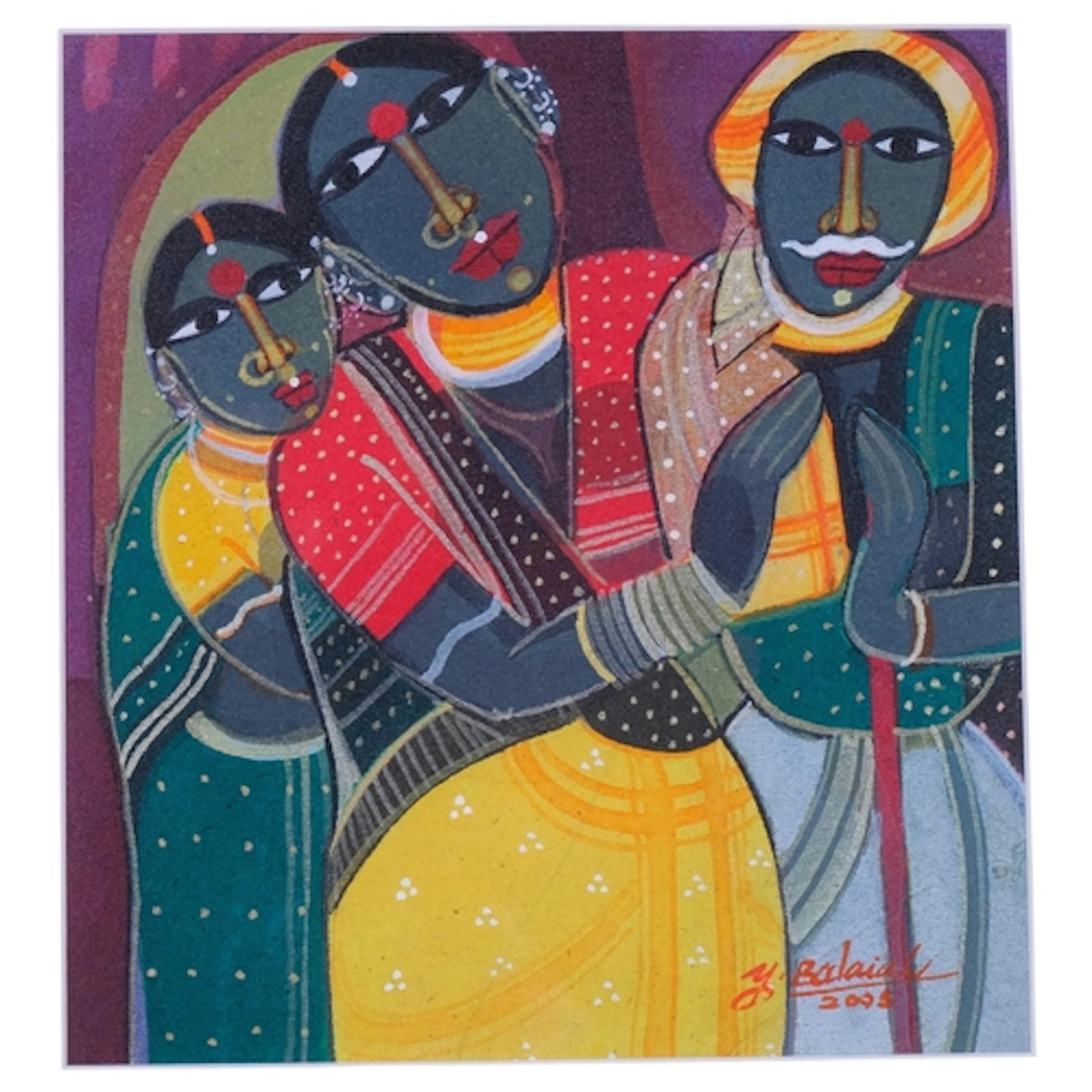 Indian School, 3 figures, painting on fabric, indistinctly s...