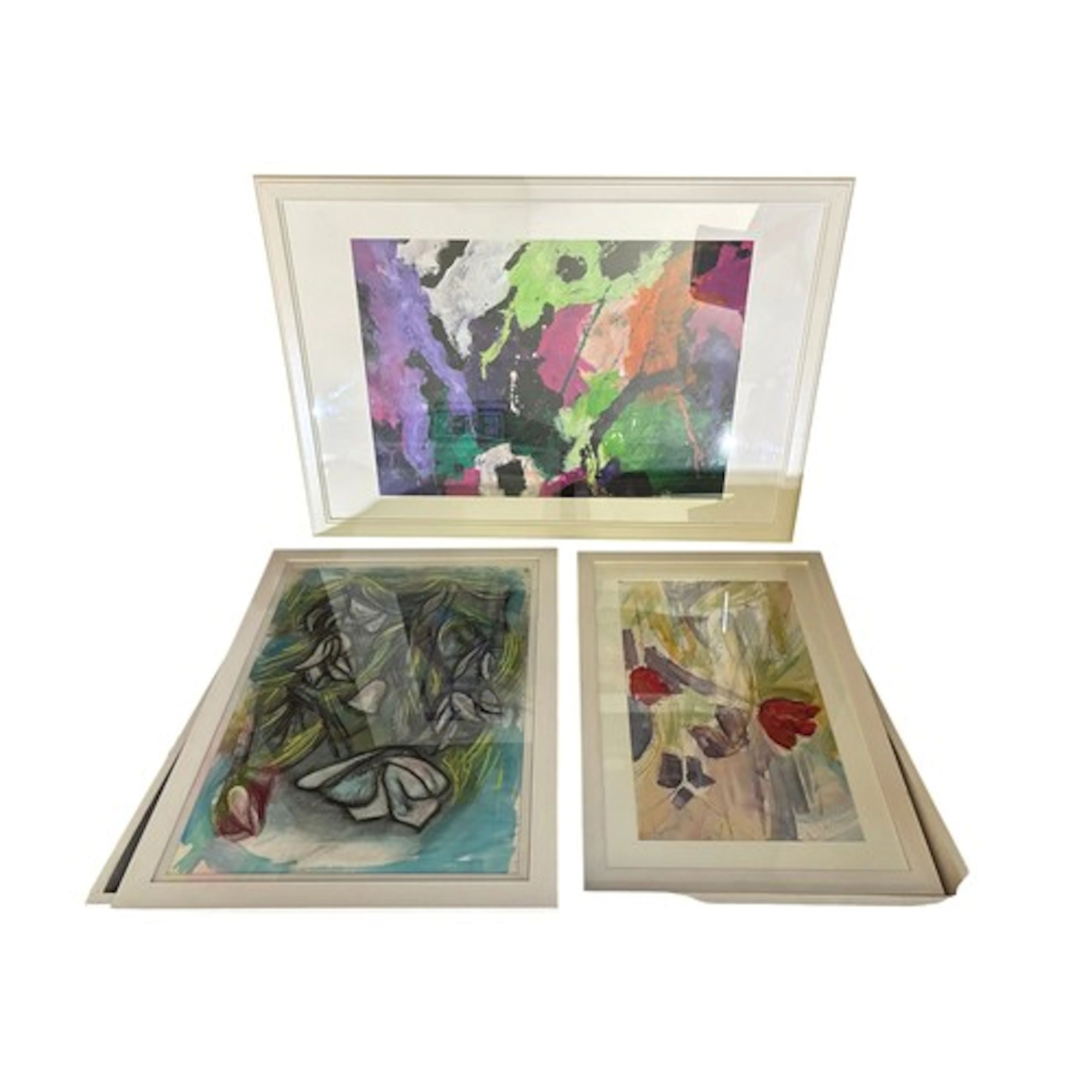 Three framed contemporary artworks: Two mixed media studies ...