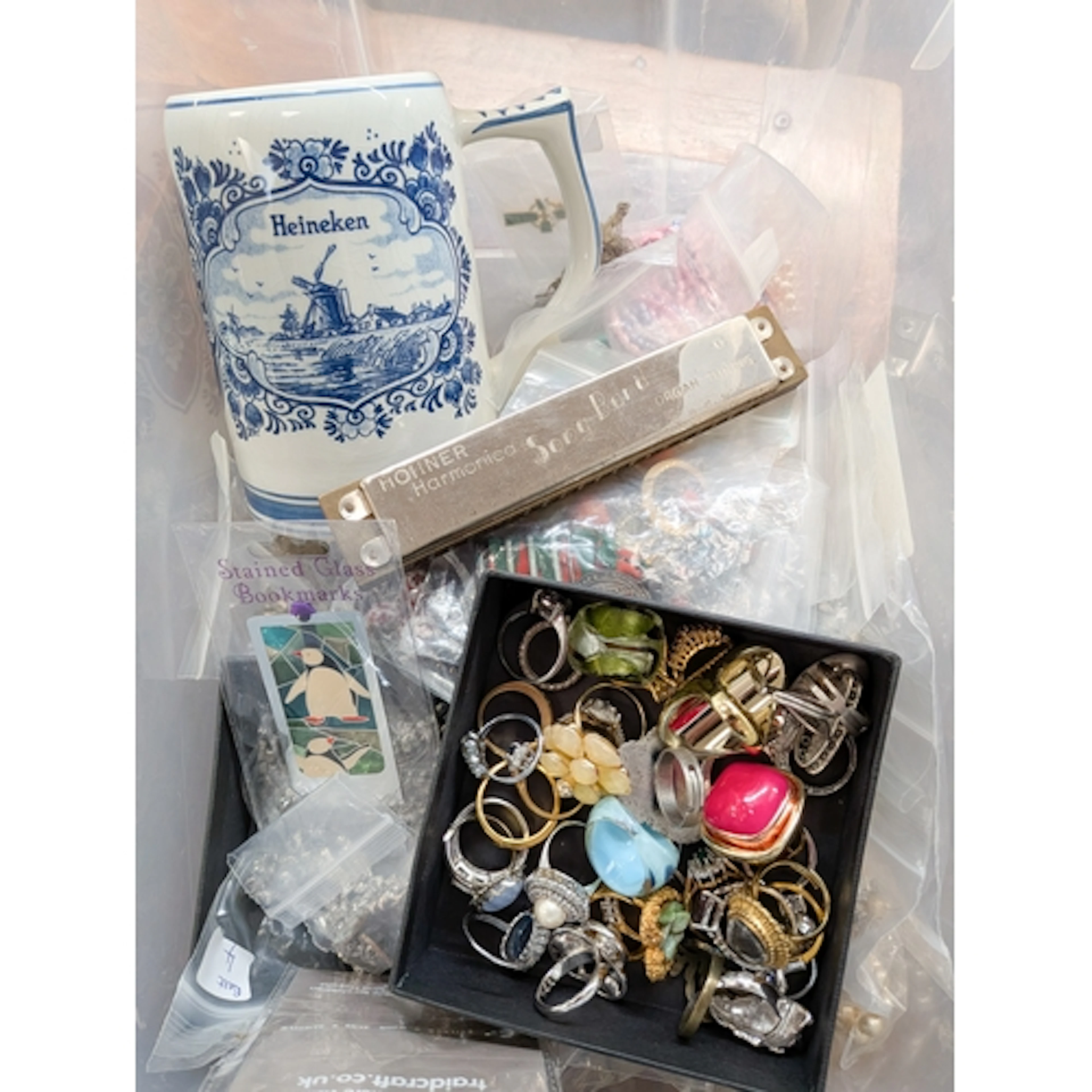 Modern paste set dress rings, blue and white tankard, harmon...