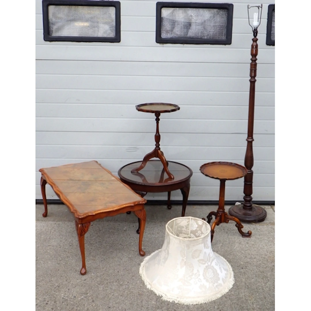 Two wine tables, two coffee tables and a lamp standard (5)