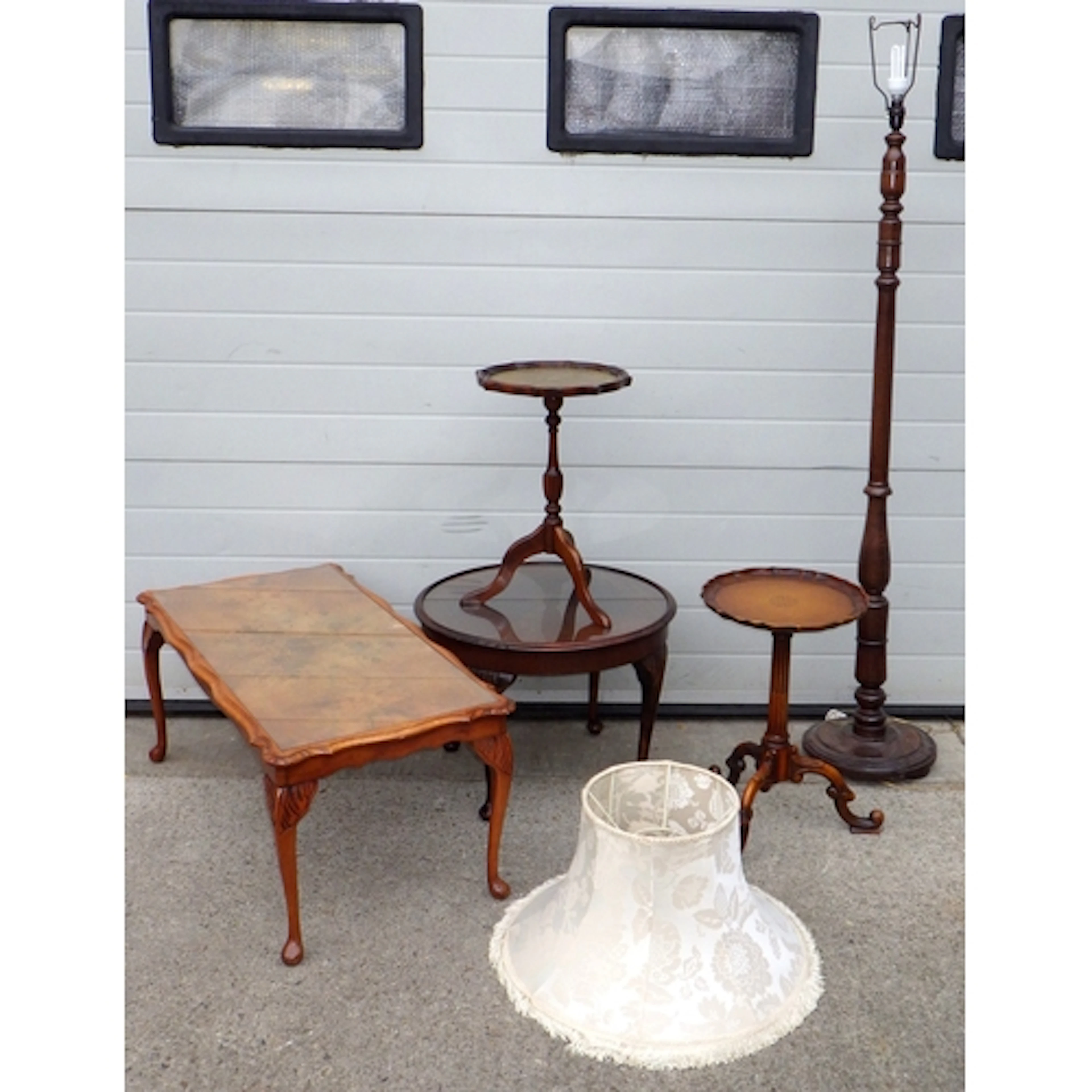 Two wine tables, two coffee tables and a lamp standard (5)