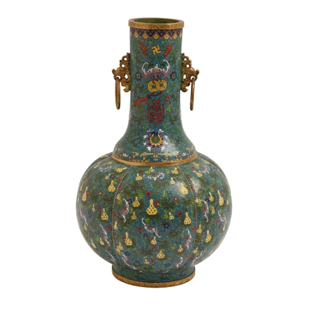 A Chinese cloisonné bottle vase, 19th c, the lobed ovoid bod...