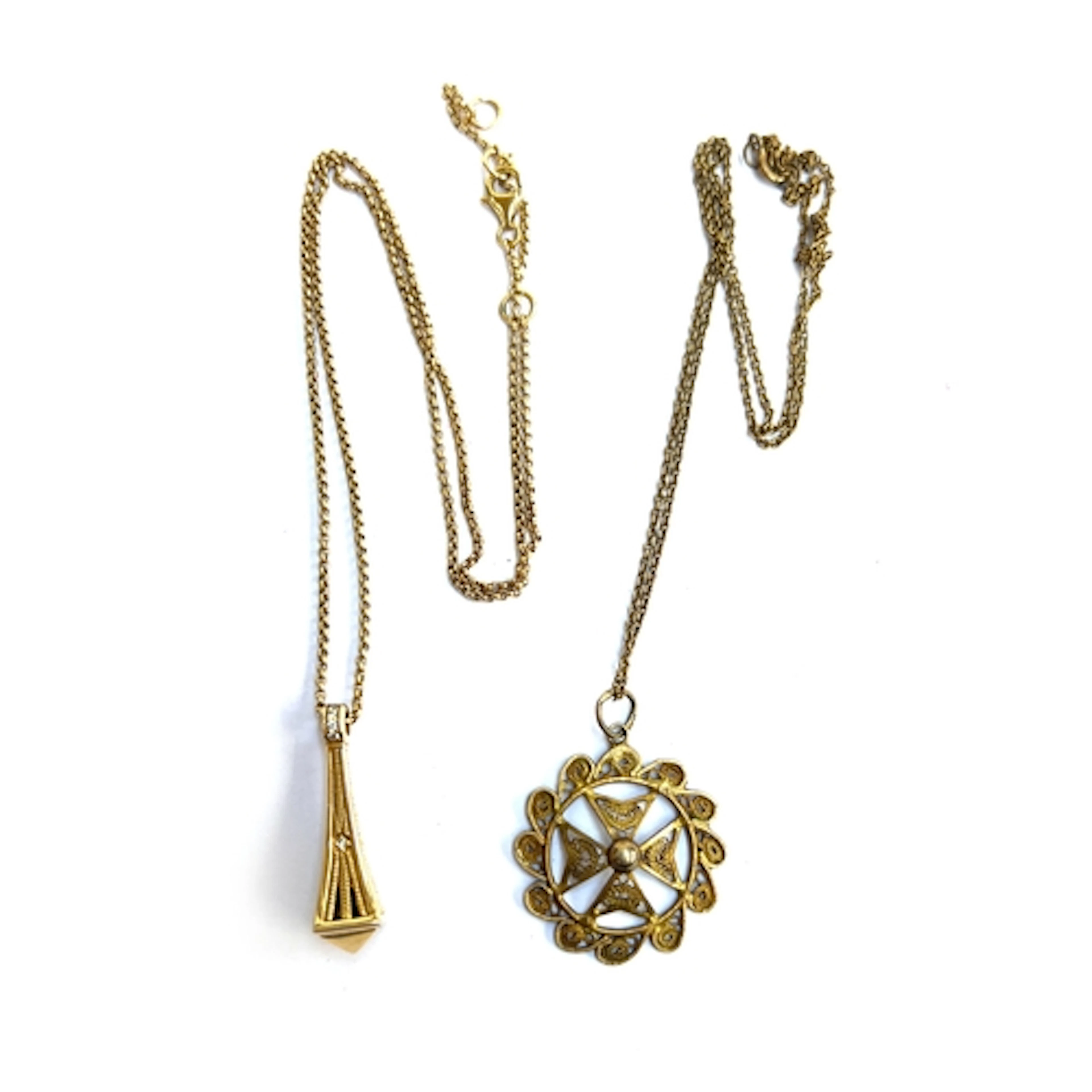 Two 925 silver gilt necklaces, one a filigree Maltese cross,...