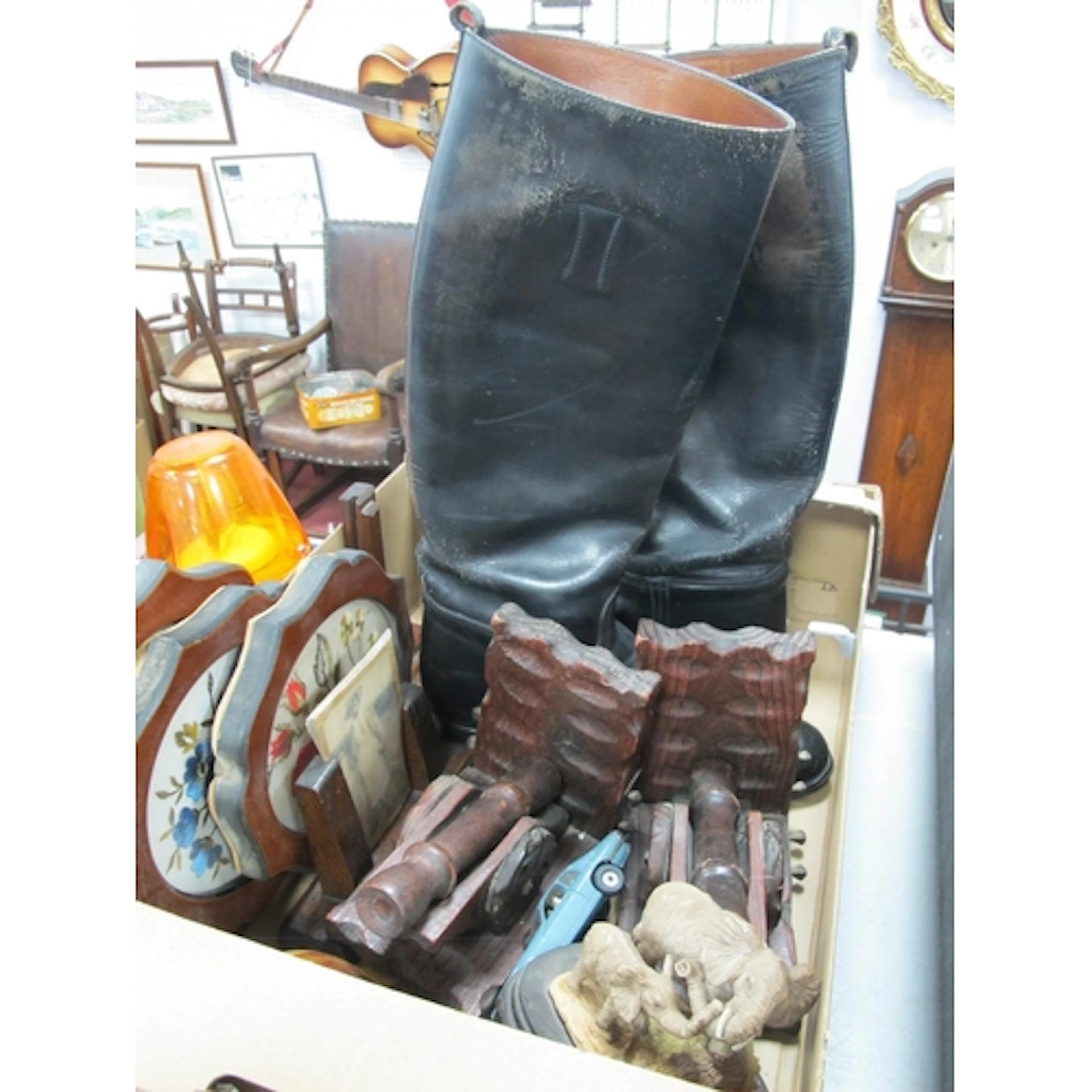 Pair of Black Leather Phillips Boots, oak photograph frames,...