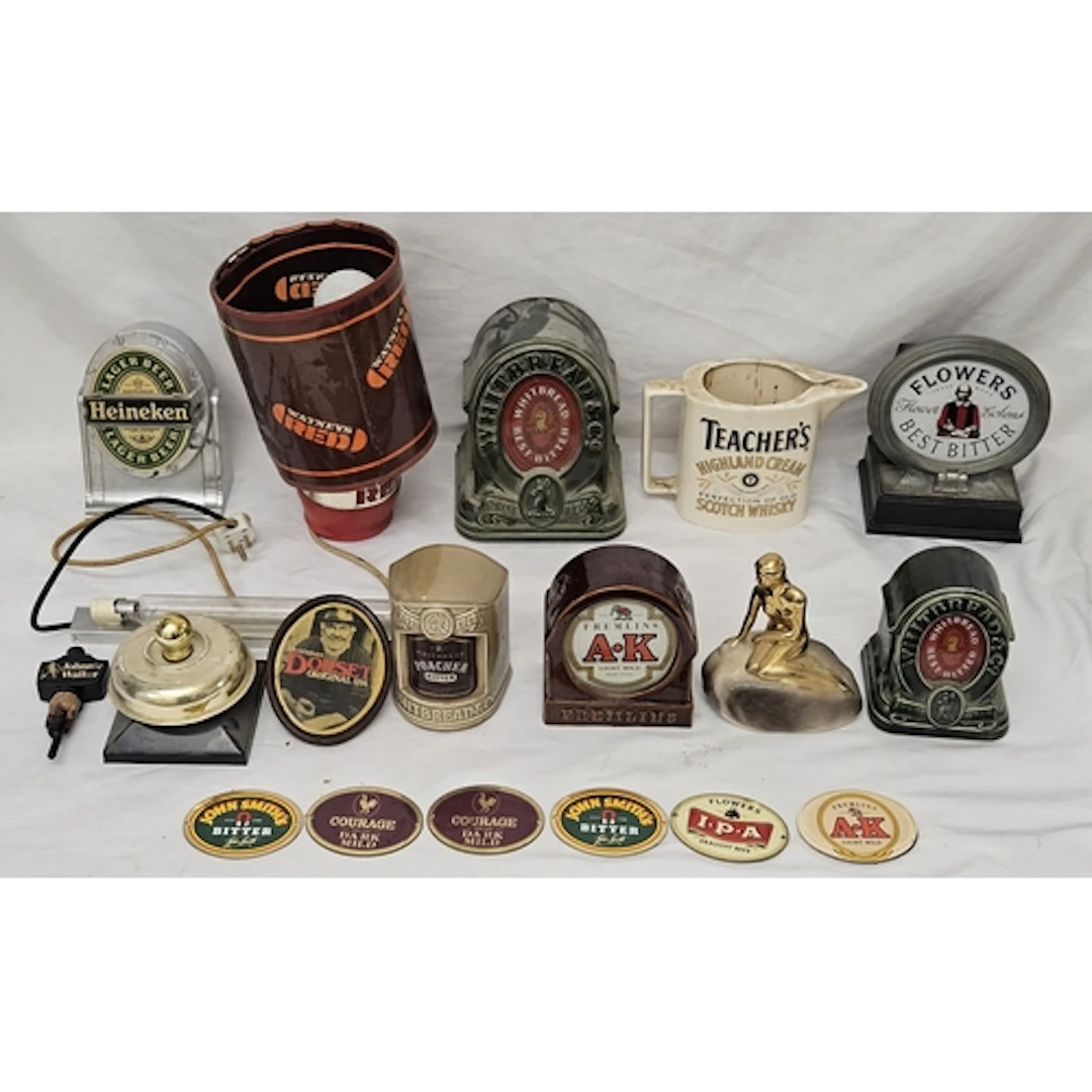 Vintage Pub Items incl. Watneys Red Lamp A/f, metal Heineken...