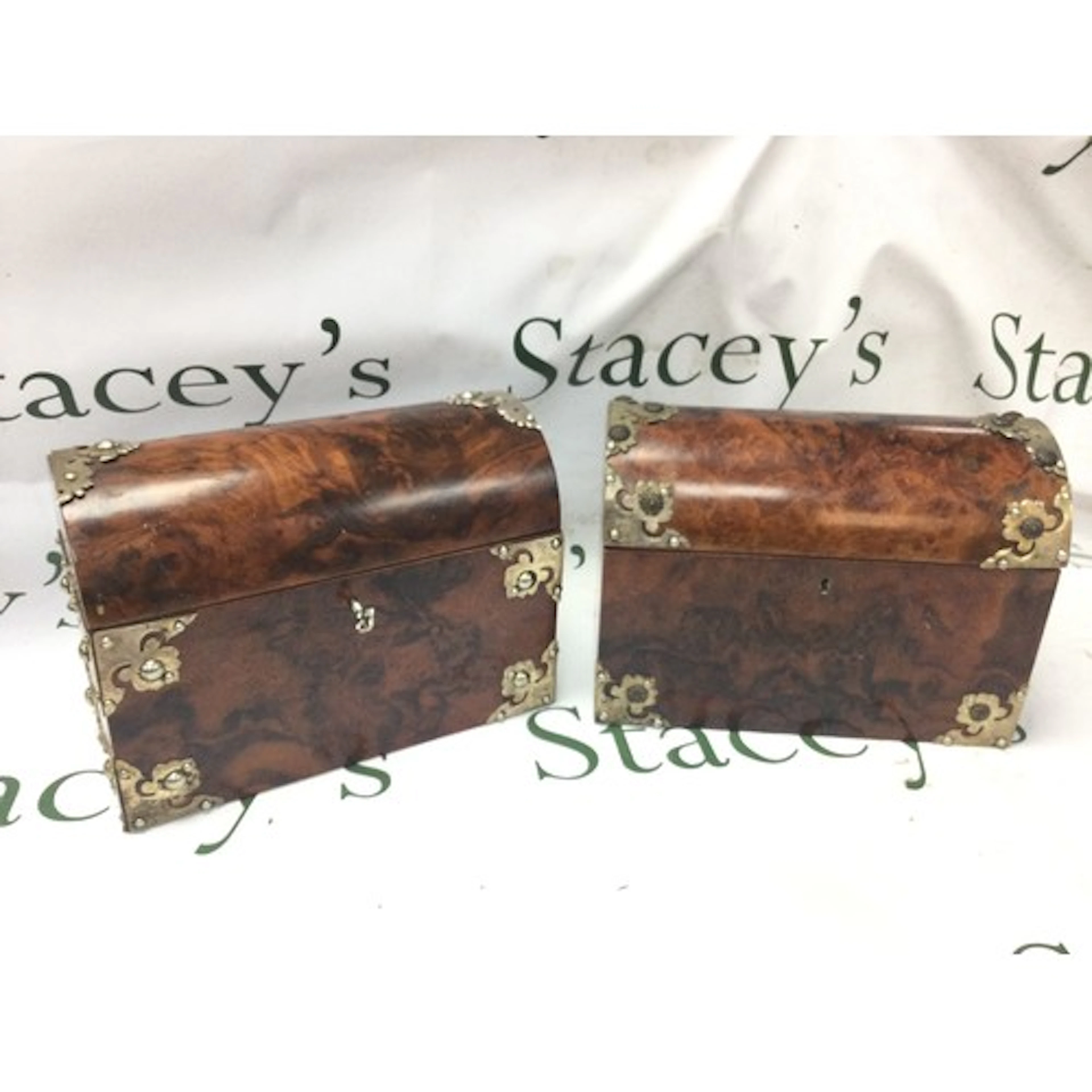 Pair of dome top walnut stationary/ letter boxes. Width 24cm...