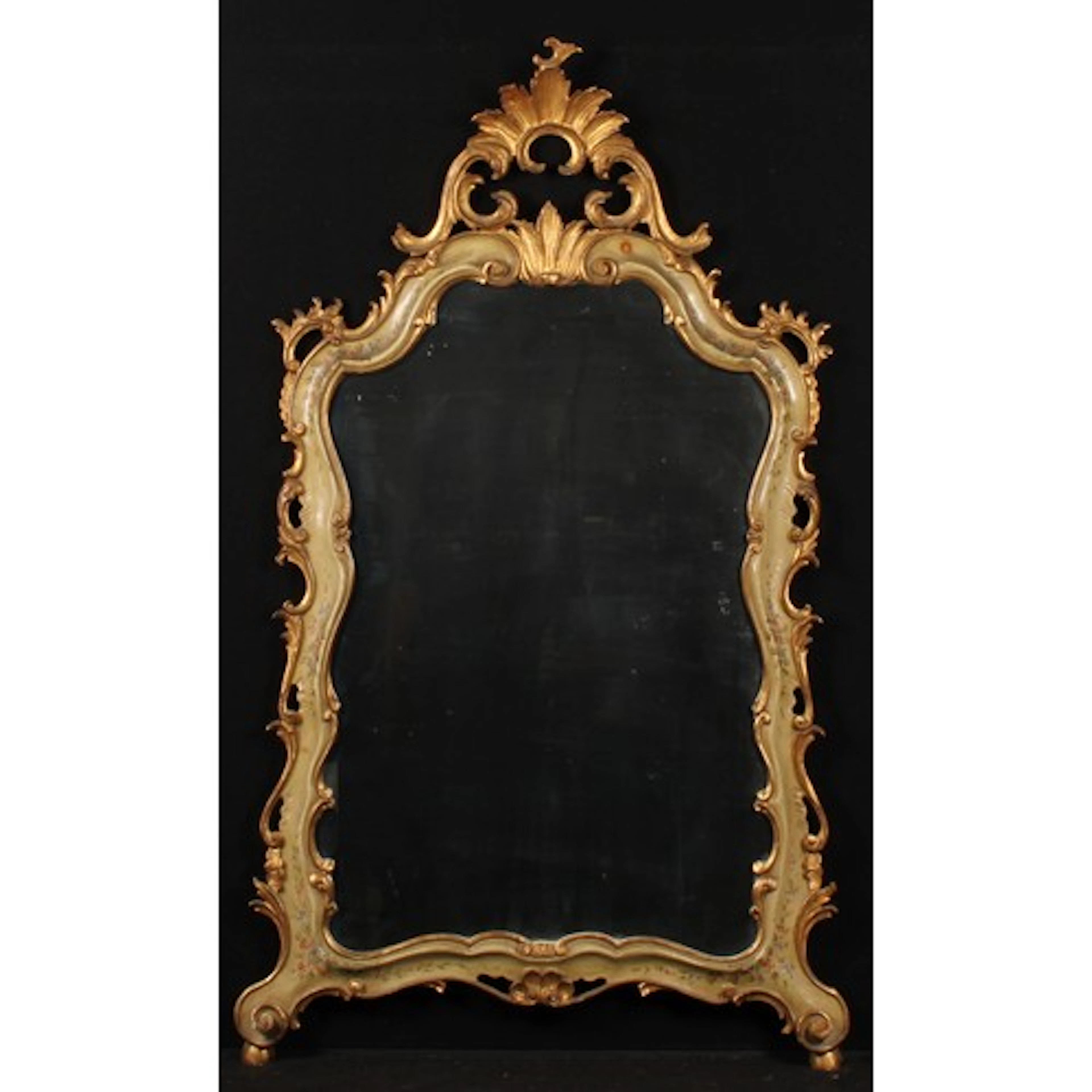 A Rococo style parcel-gilt and painted looking glass, plain ...