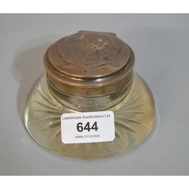 Circular silver mounted glass inkwell