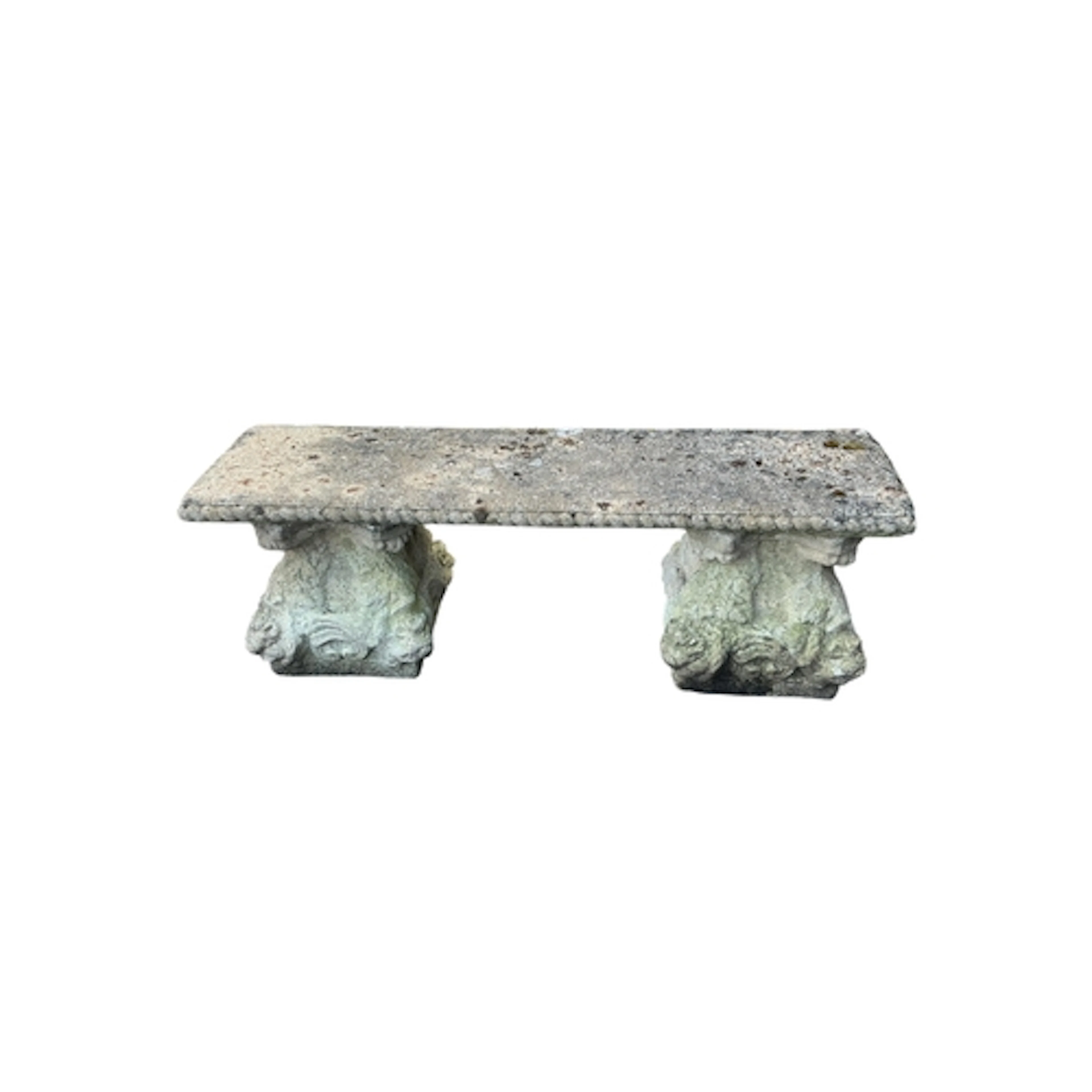 A reconstituted stone garden bench, on acanthus moulded end ...