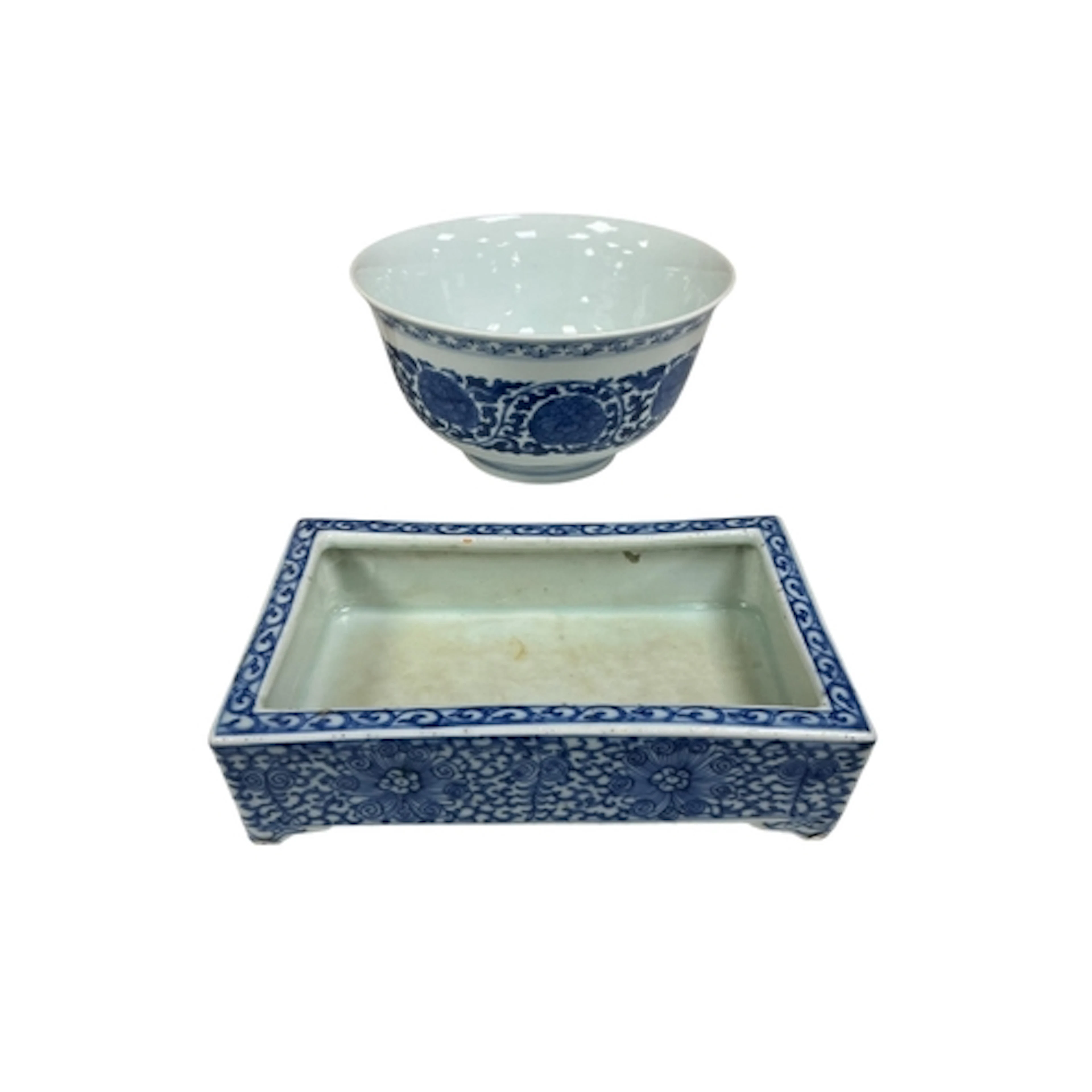 A 19th century Chinese blue and white peony bowl and a blue ...