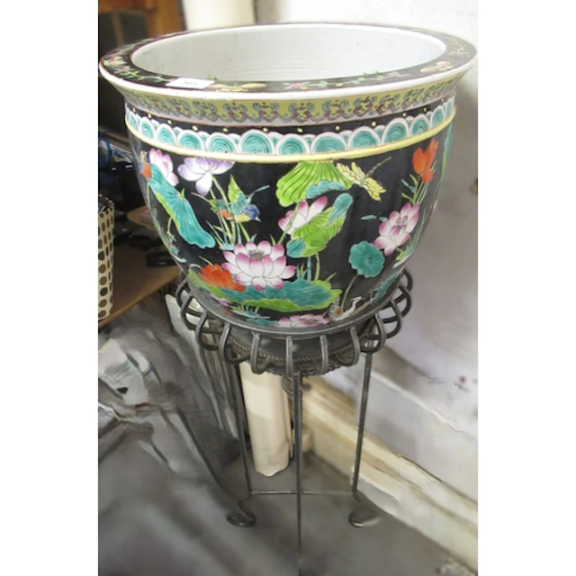 Chinese fish bowl type jardinière with floral painted decora...