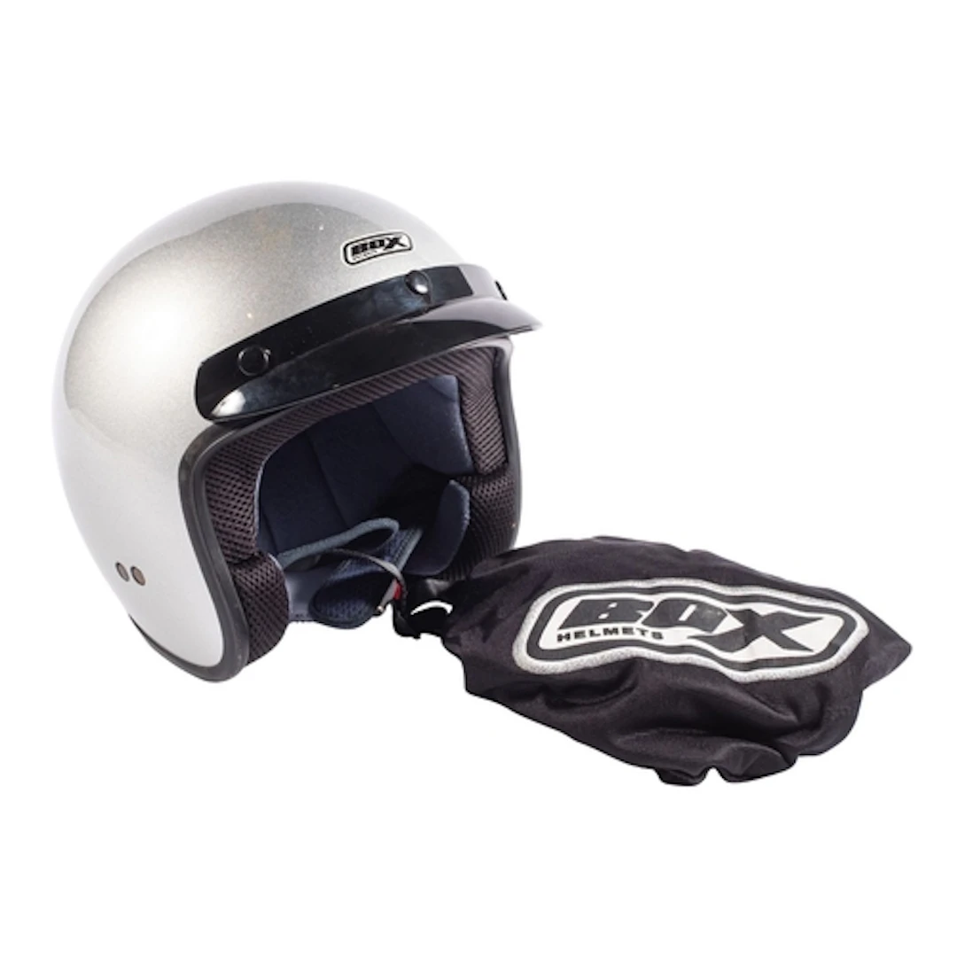 A Box silver open face helmet, size M with dust bag.