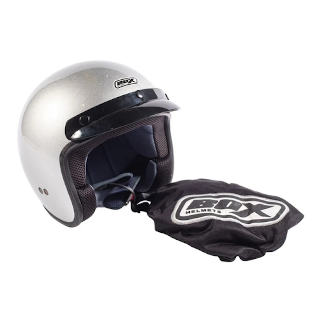 A Box silver open face helmet, size M with dust bag.