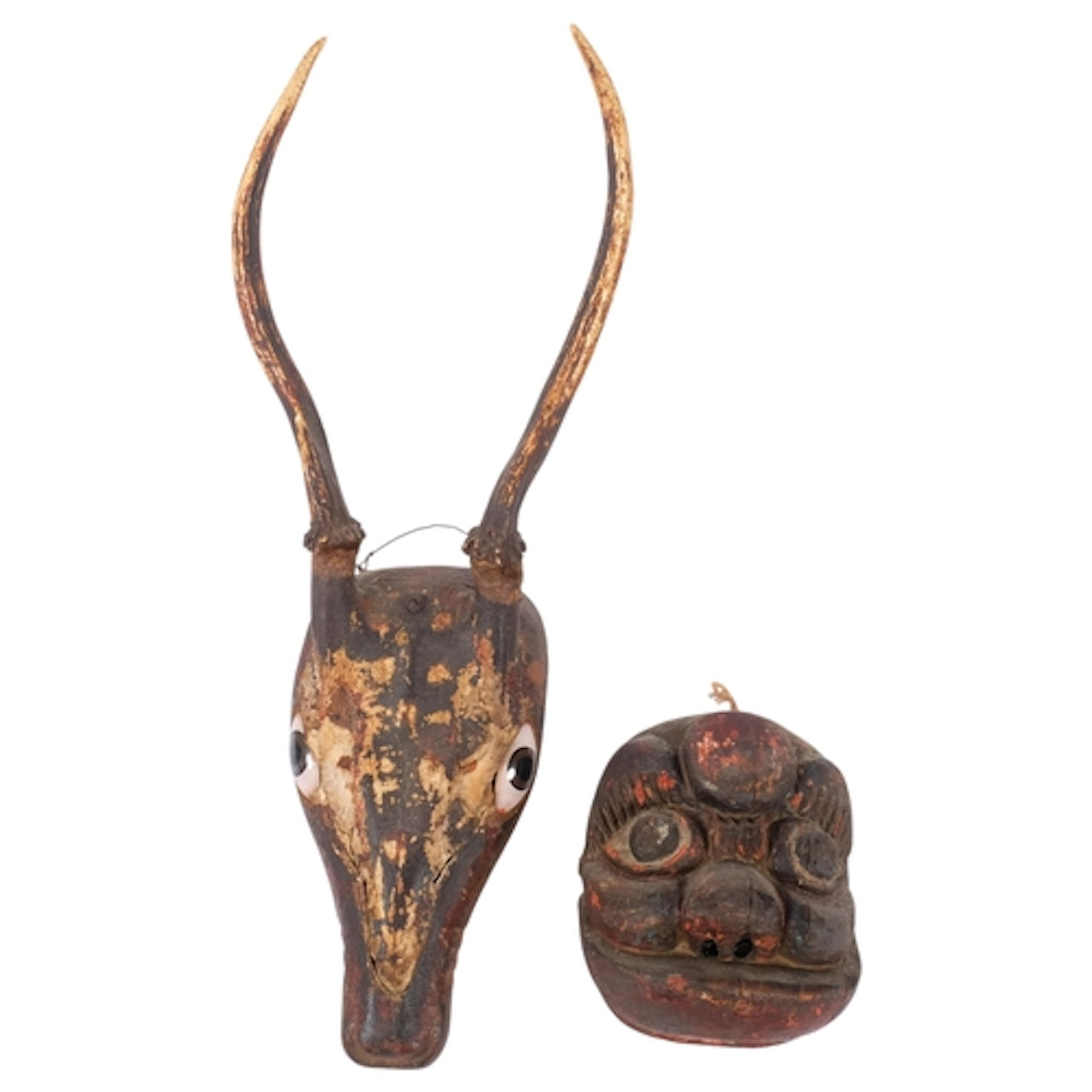 An Antique Chinese carved wood Nuo mask, H17cm, and a carved...