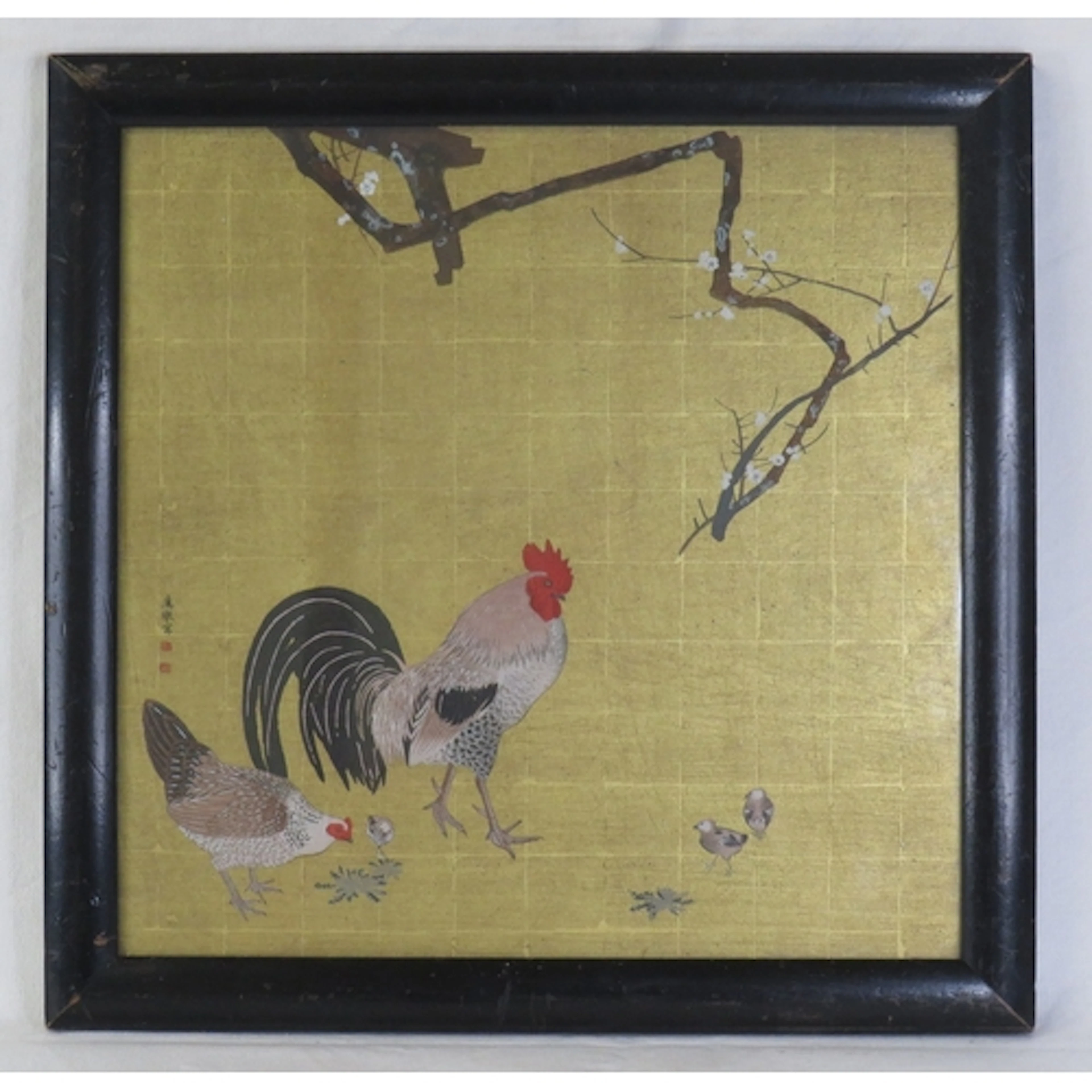 F/g Japanese Ink & Gold Colour on Paper, rooster, hen & chic...