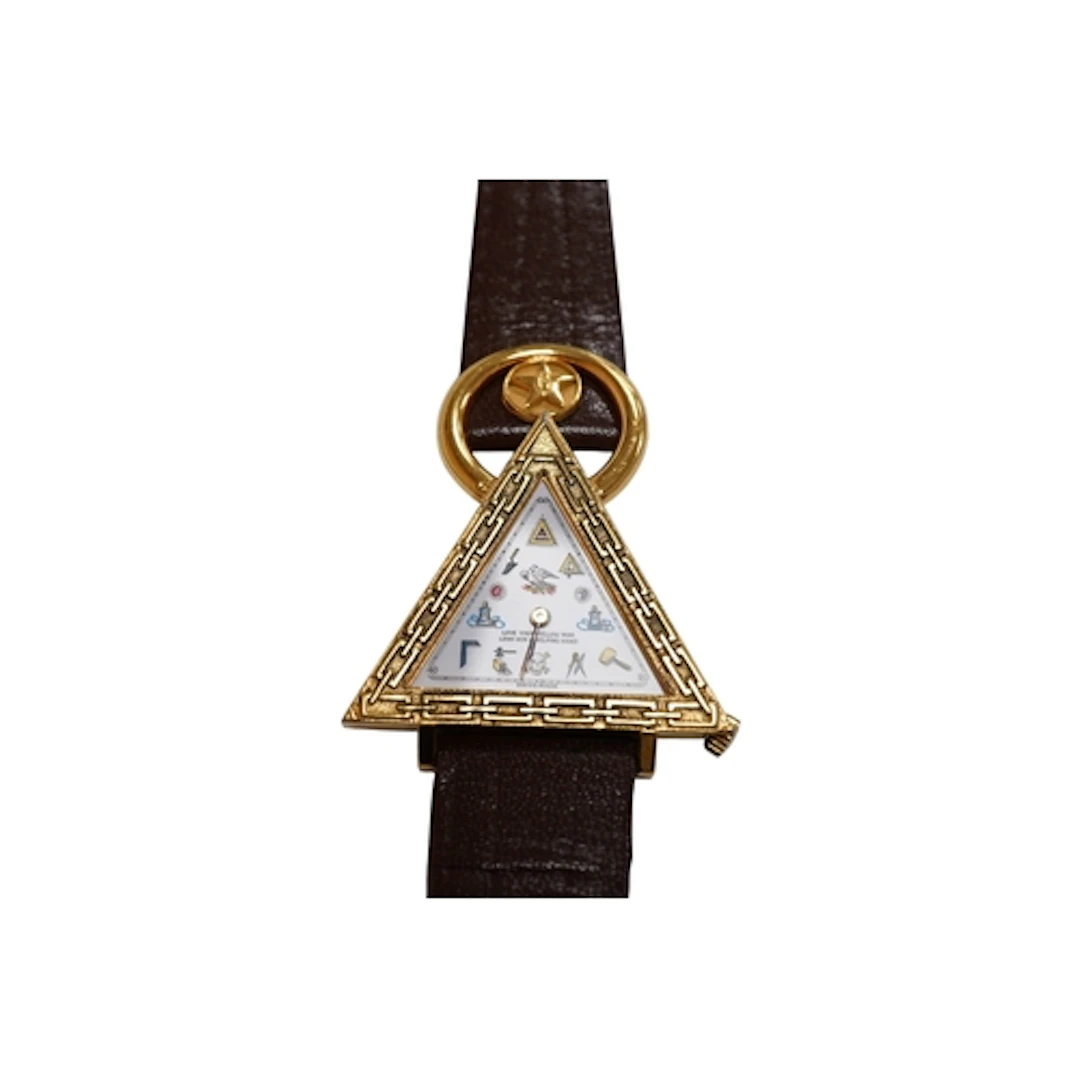 A gilt metal Masonic related wrist watch, with triangular di...