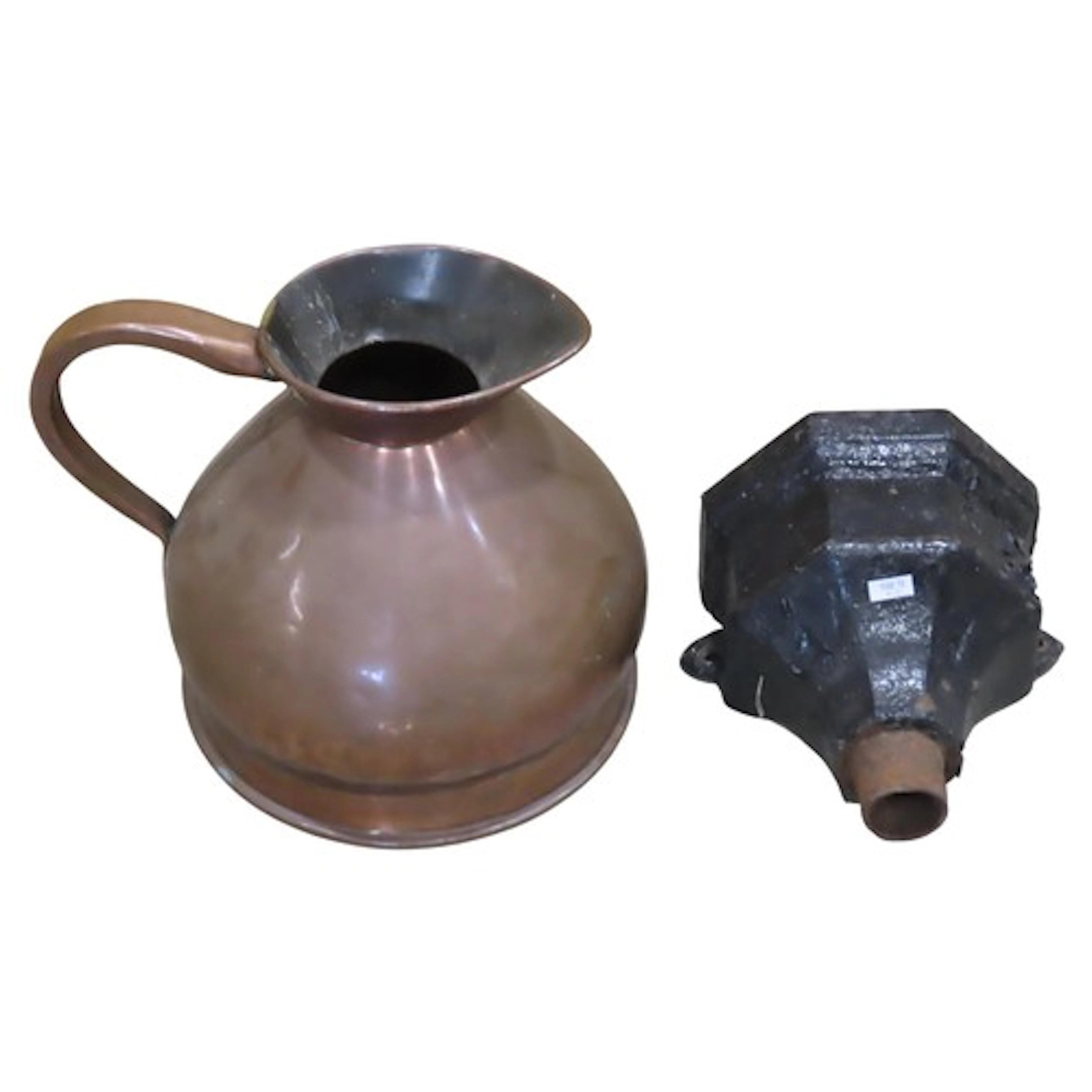 A 19th century copper two gallon measure together with a cas...