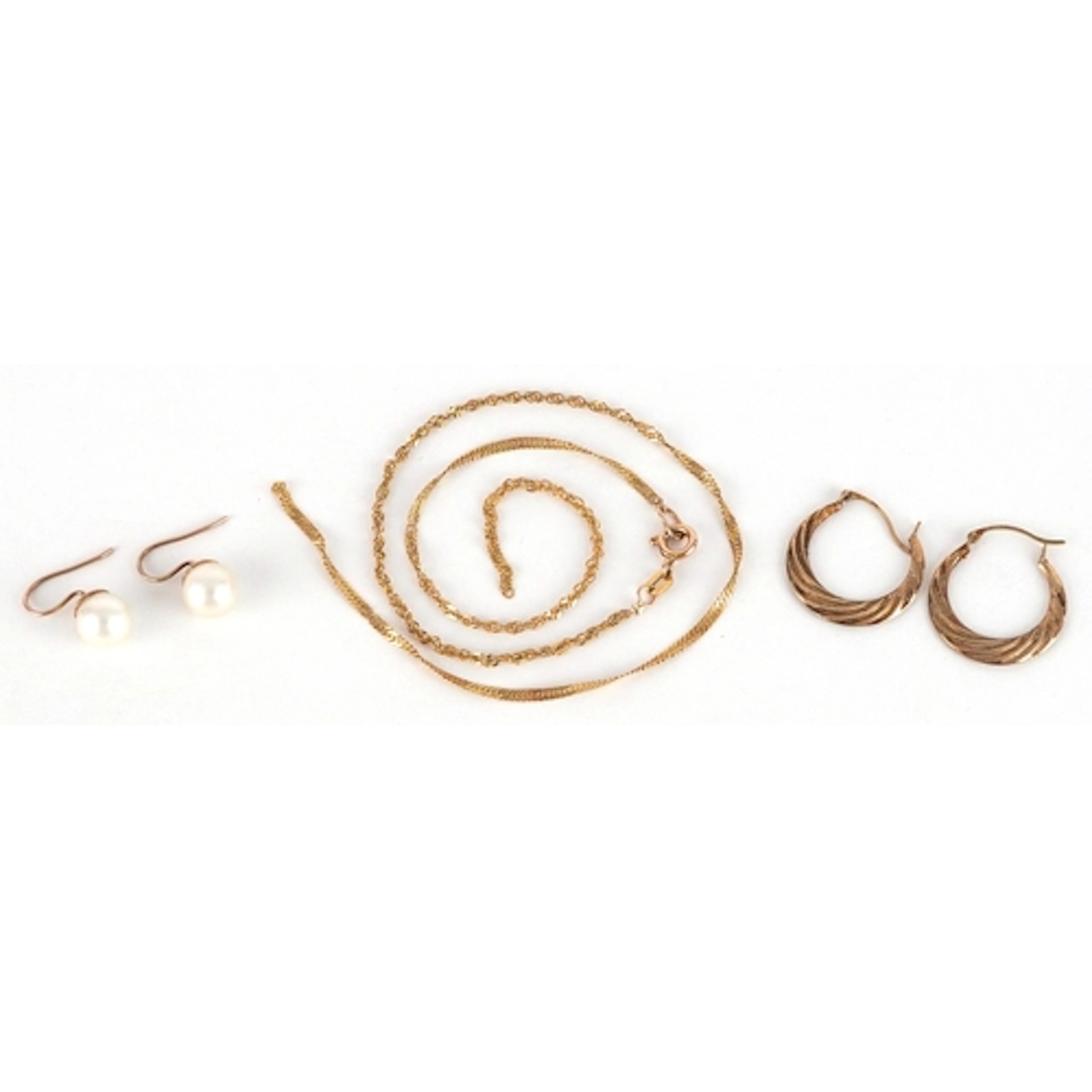 Pair of 9ct gold hoop earrings, broken 9ct gold necklace and...