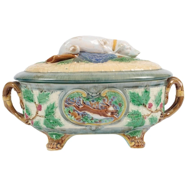 A Victorian Minton majolica pie dish and cover, circa 1874, ...