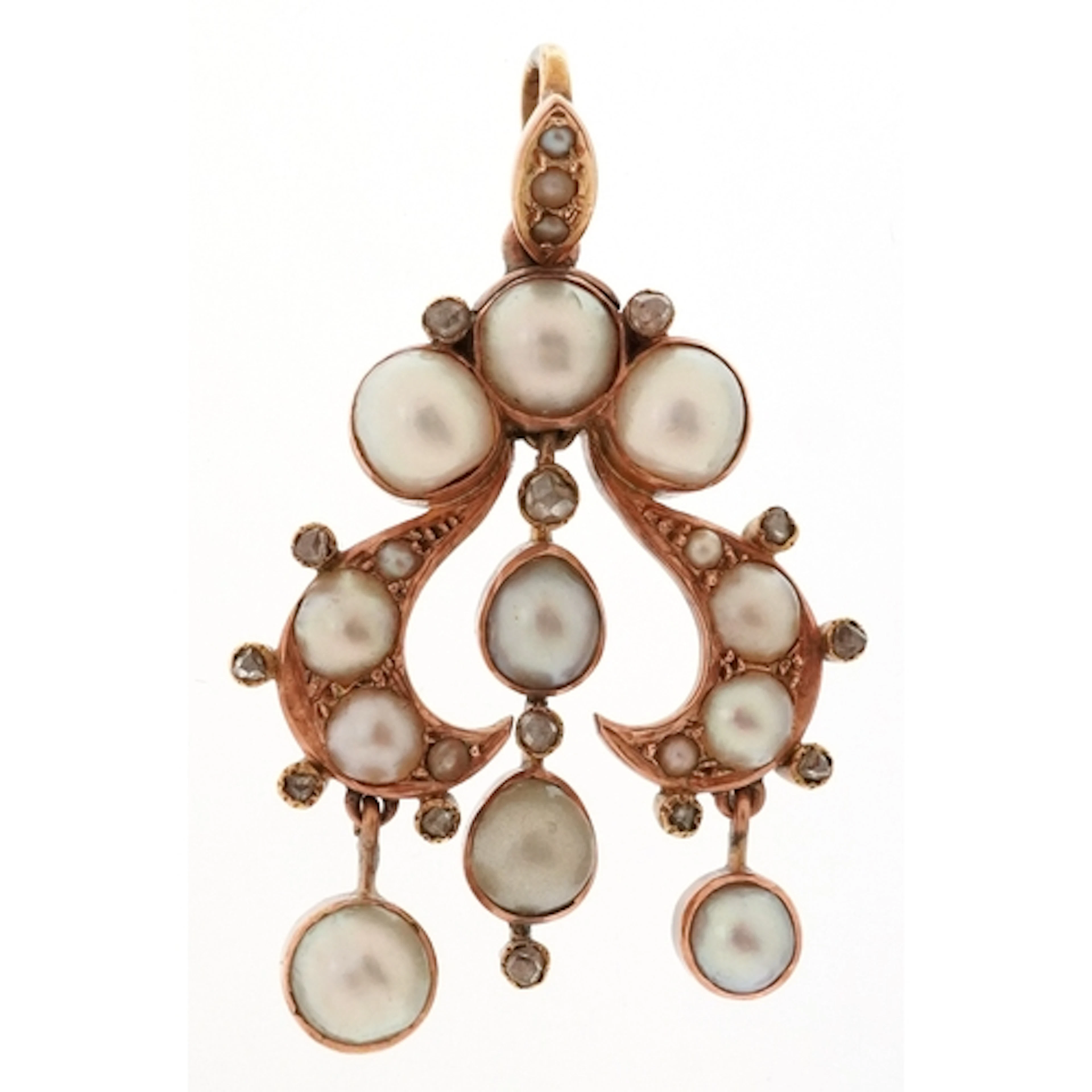 Art Nouveau unmarked rose gold cultured pearl, seed pearl an...